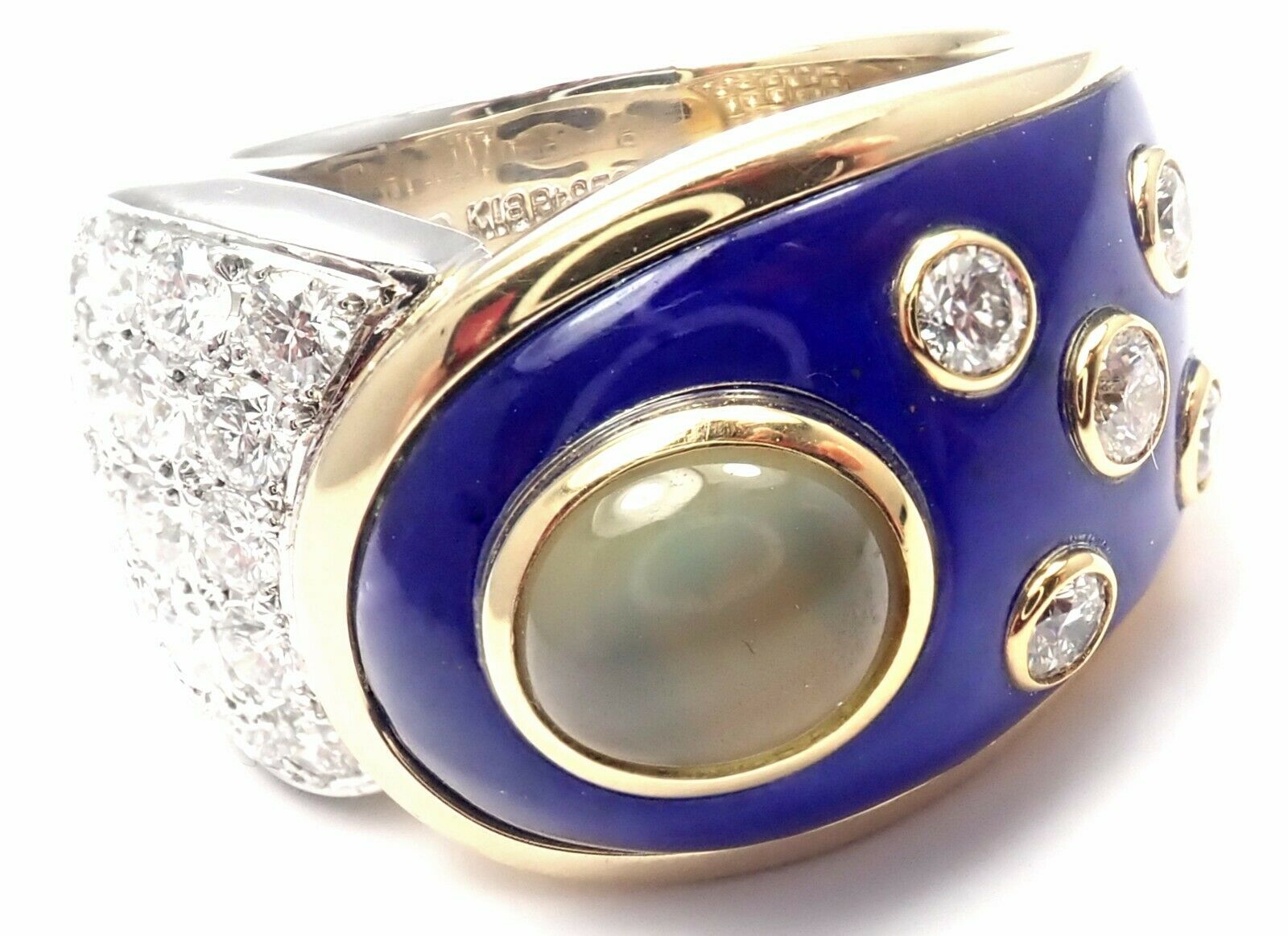 Rare! Authentic Mikimoto Platinum  18k Gold Diamond Cats Eye Enamel Band Ring