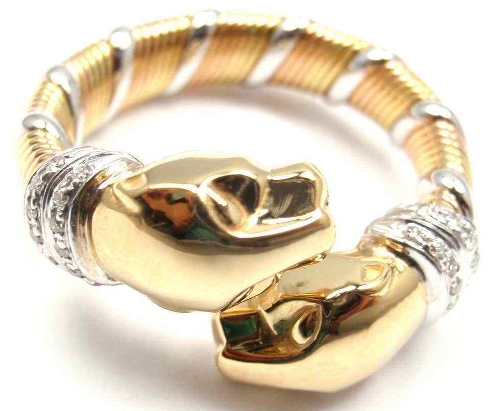 Cartier Panther Diamond Tricolor 18k Gold Band Ring
