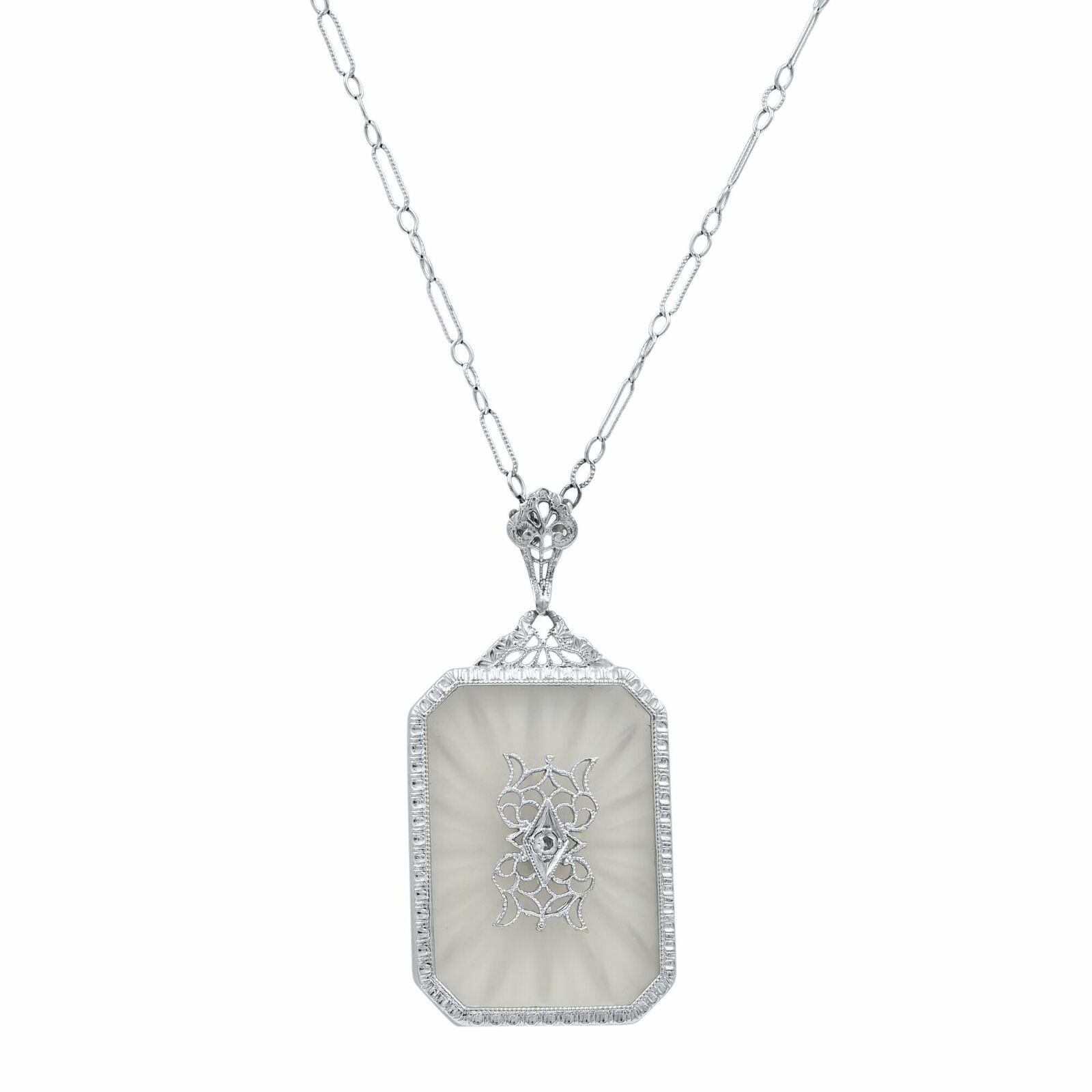 True 14k White Gold Clear Crystal 4 Diamonds Bracelet  Necklace Pendant  Chain Set