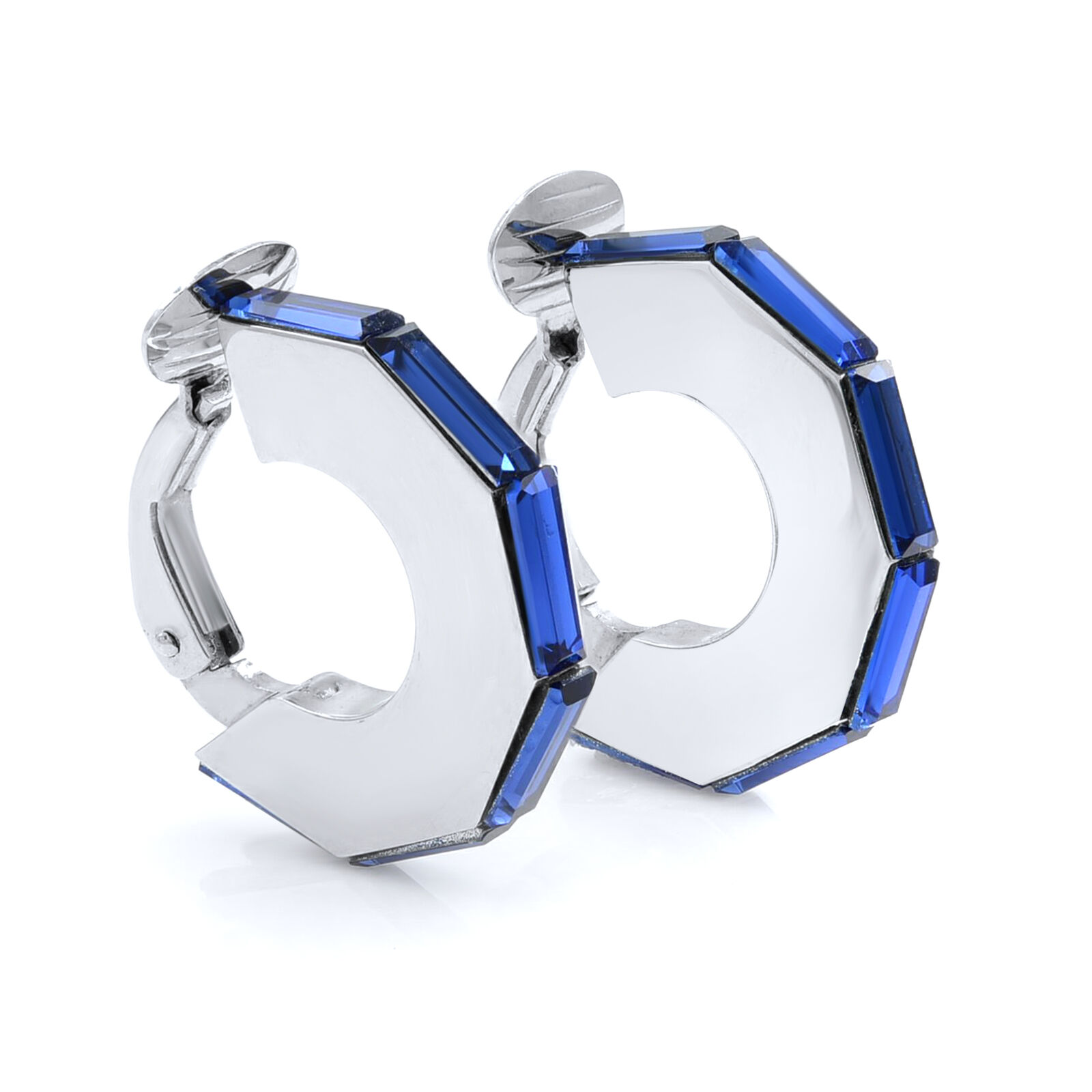 True Silver Tone Hardware with Blue Crystal Clip On Earrings