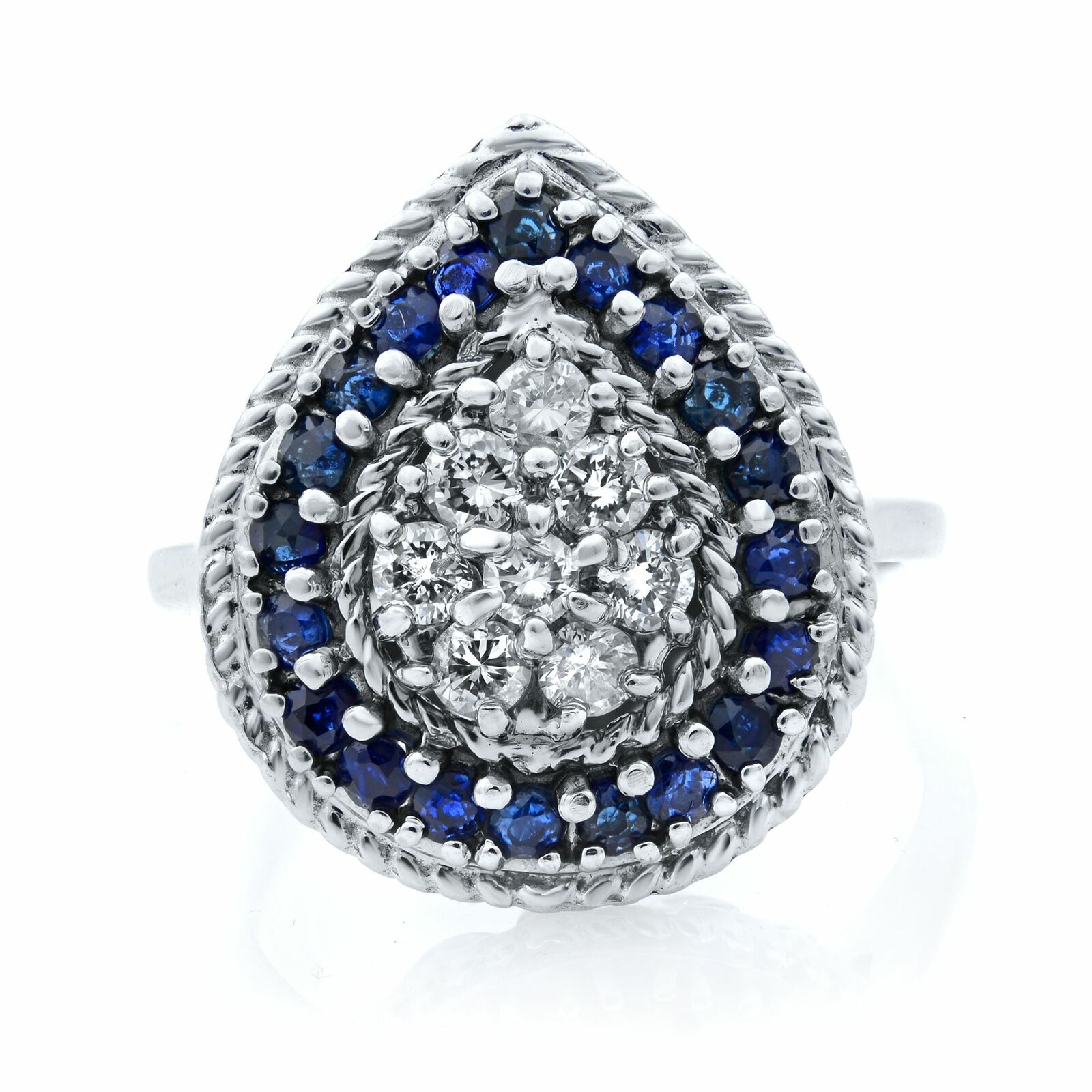 True 14K White Gold Diamonds and Sapphires Pear Shaped Ring Size 7.75