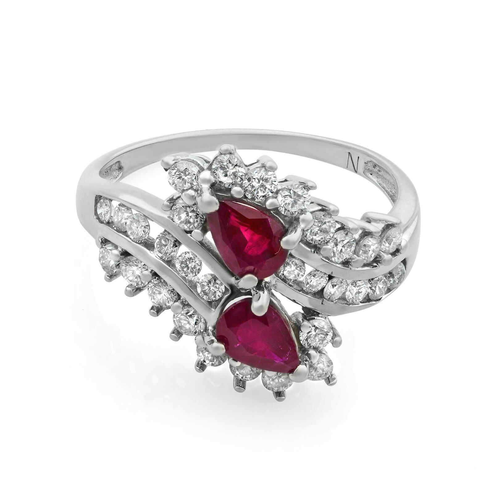 True 14K White Gold Pear Shaped Ruby  Diamond Cocktail Ring Size 9.75