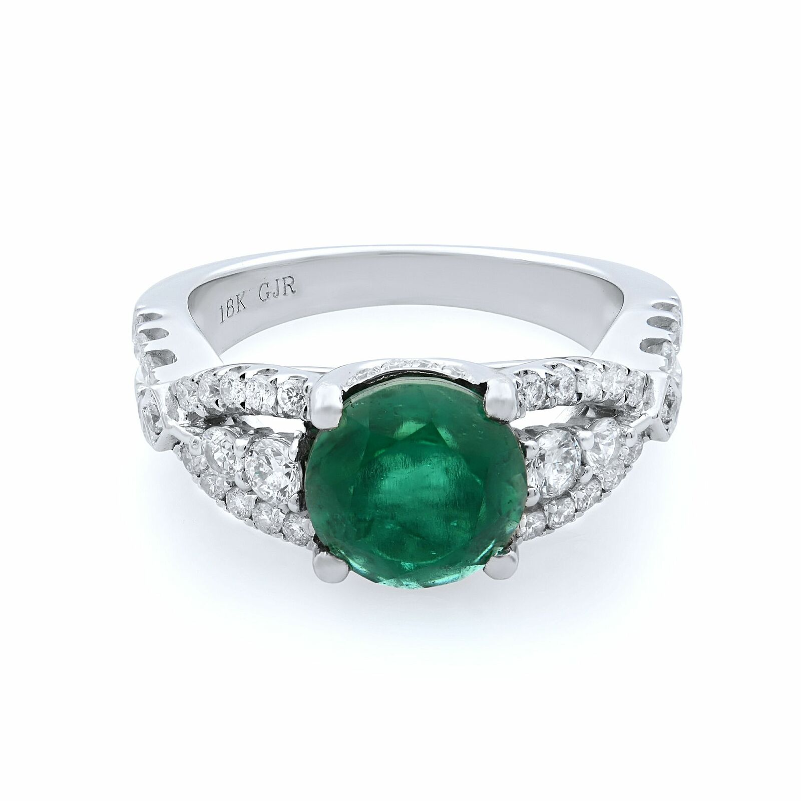 True 18K White Gold Green Emerald Diamond Engagement Ring Size 6.75