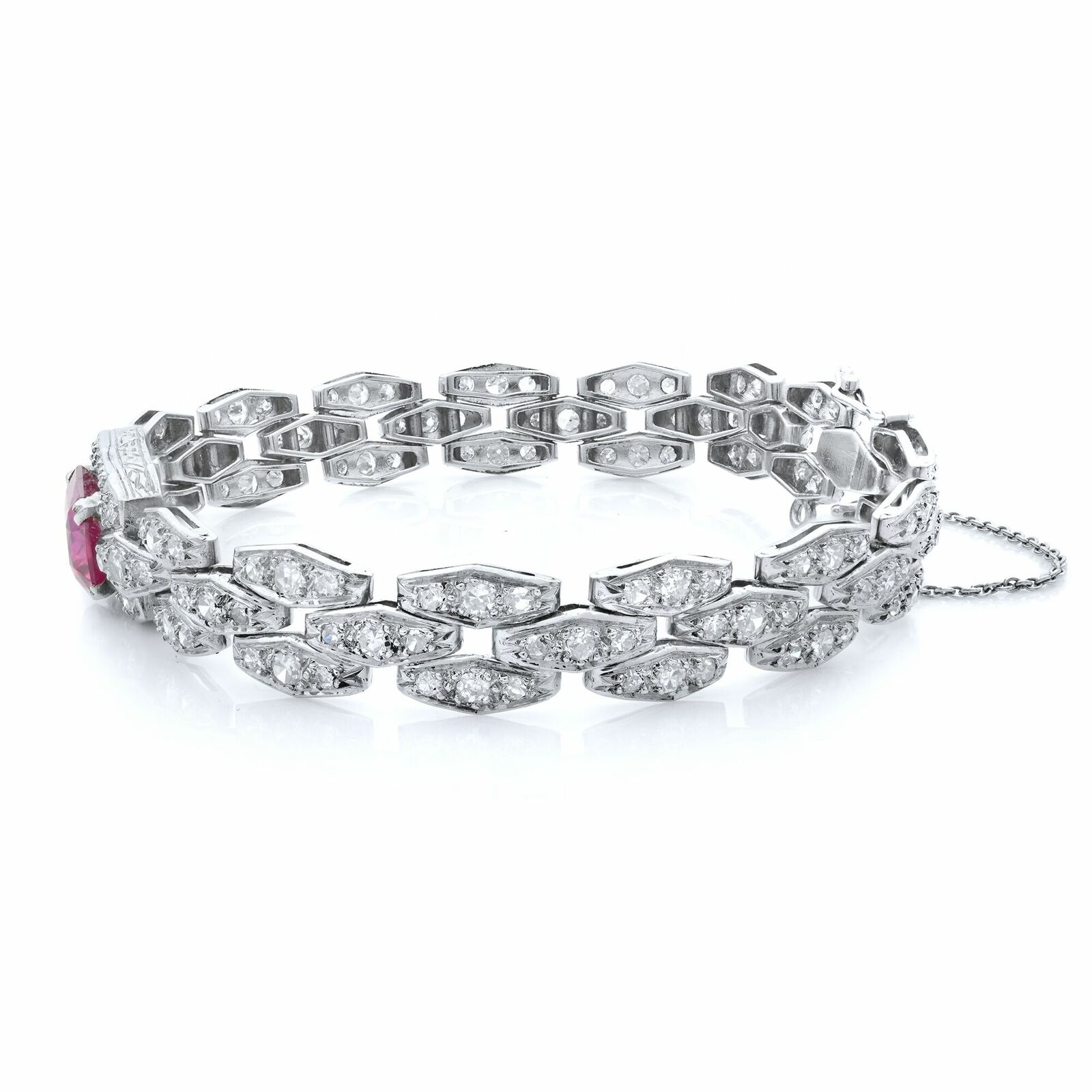 True Antique Platinum Emerald Cut French Ruby and Diamonds Bracelet