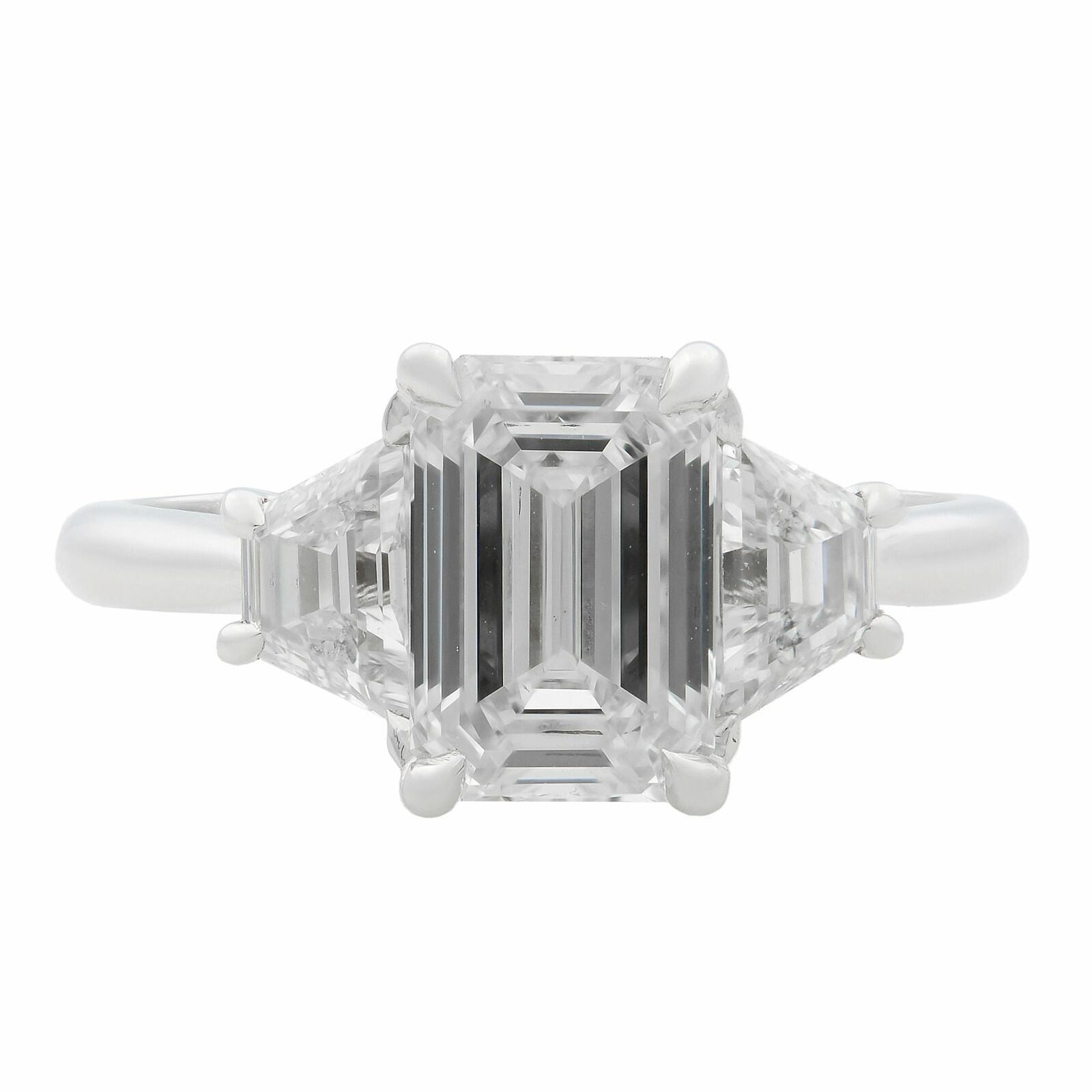 True 18K White Gold Emerald  Trapezoid Three Stone Diamond Engagement Ring 2.30ct