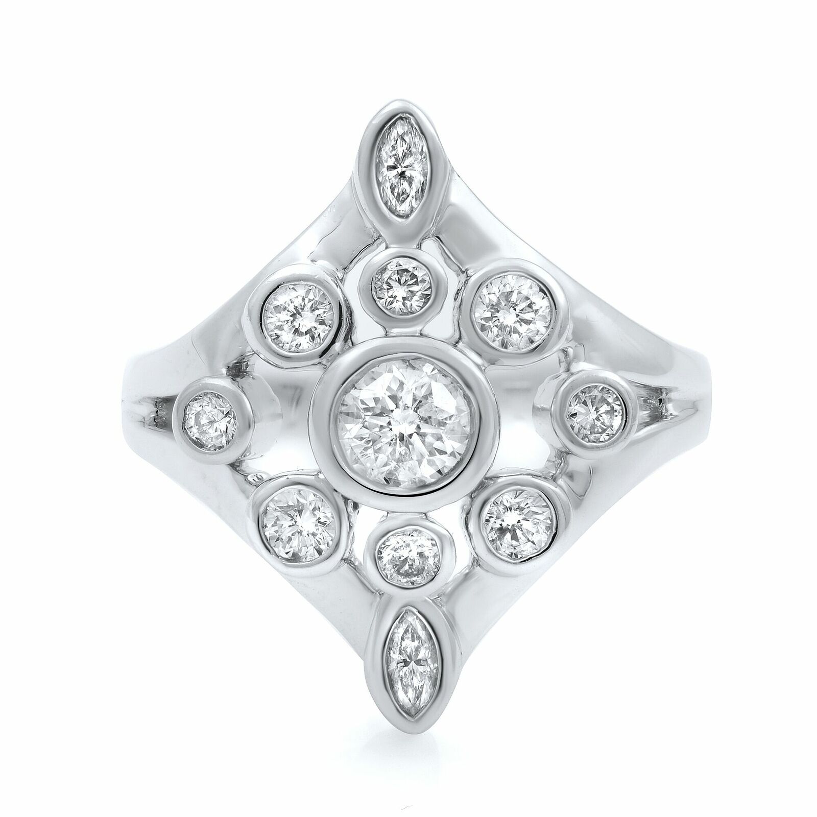 True 18K White Gold Diamond Bezel Set Ladies Cocktail  Ring 1.00ct Size 7