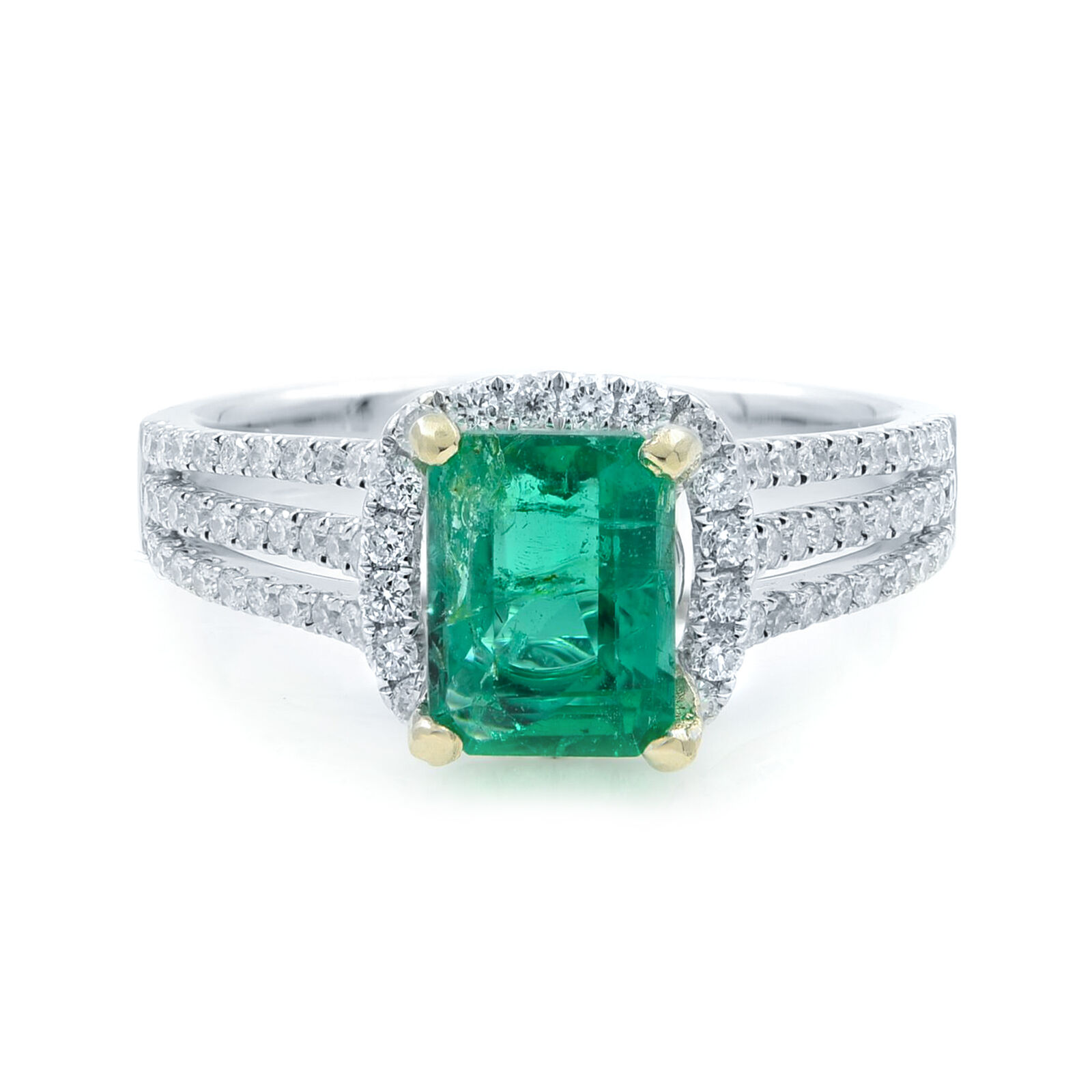 True GREEN Emerald Halo Engagement Ring White Gold Diamonds Size 6.75