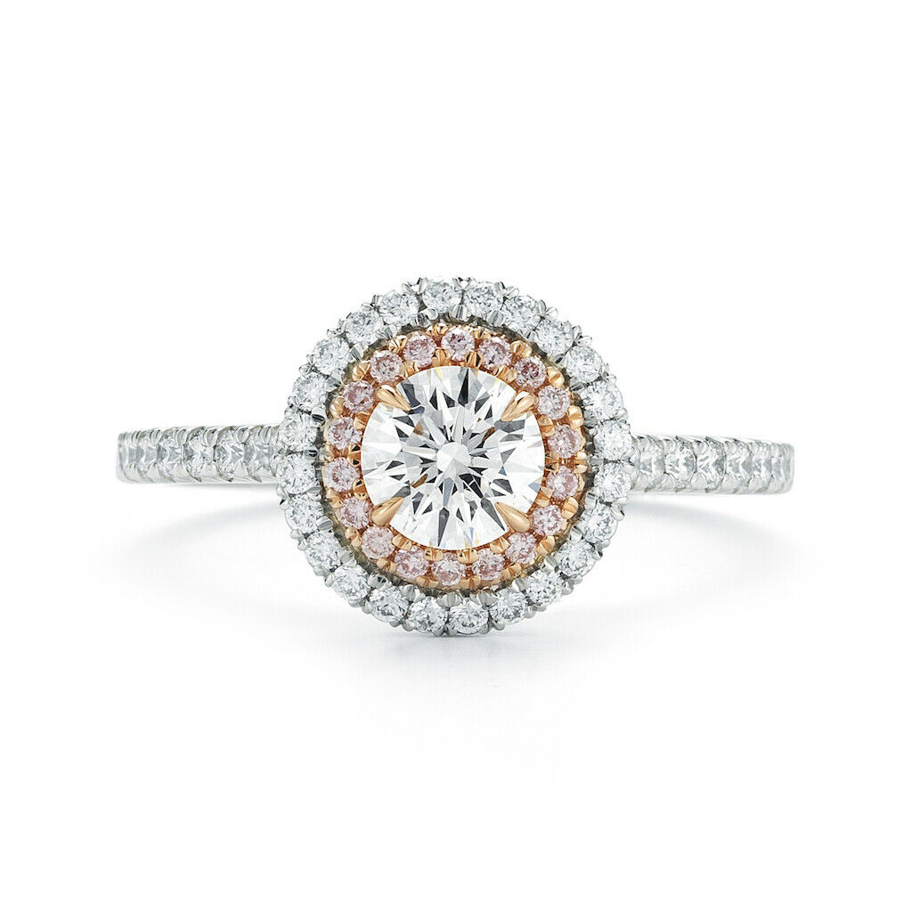 True Double Halo Pink Diamond Round Cut Engagement Ladies Ring Platinum 1.17 cttw