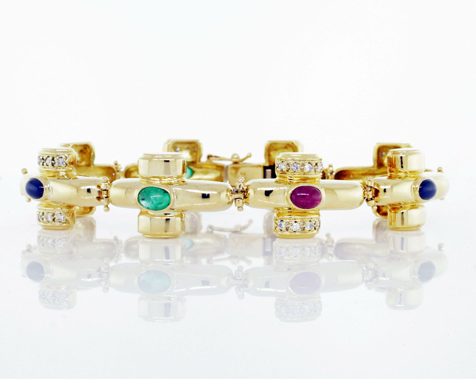 True 18K Yellow Gold Link Emerald Ruby  Sapphire Bracelet 
