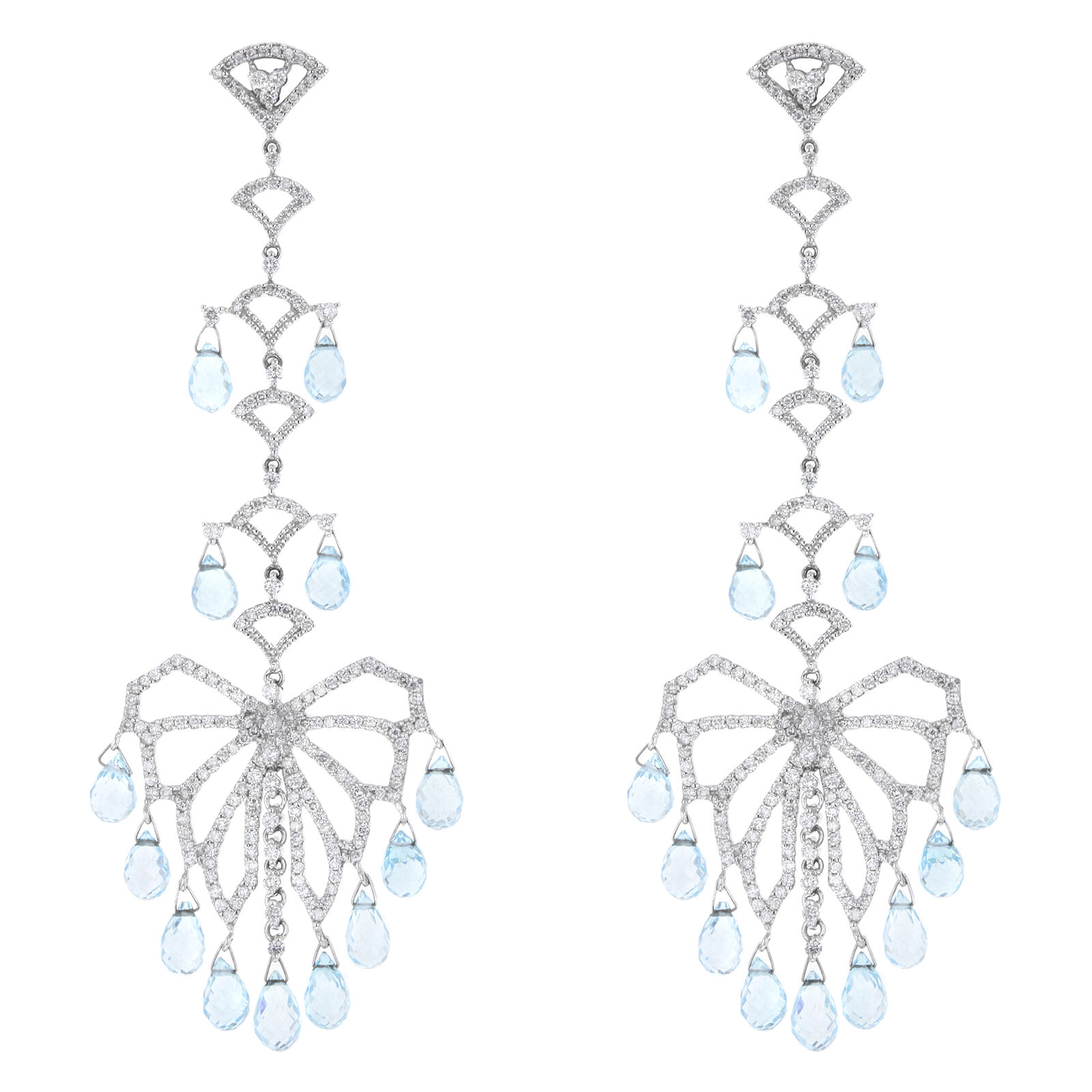 True Aquamarine And Diamond Chandelier Drop Dangle Earrings in White Gold