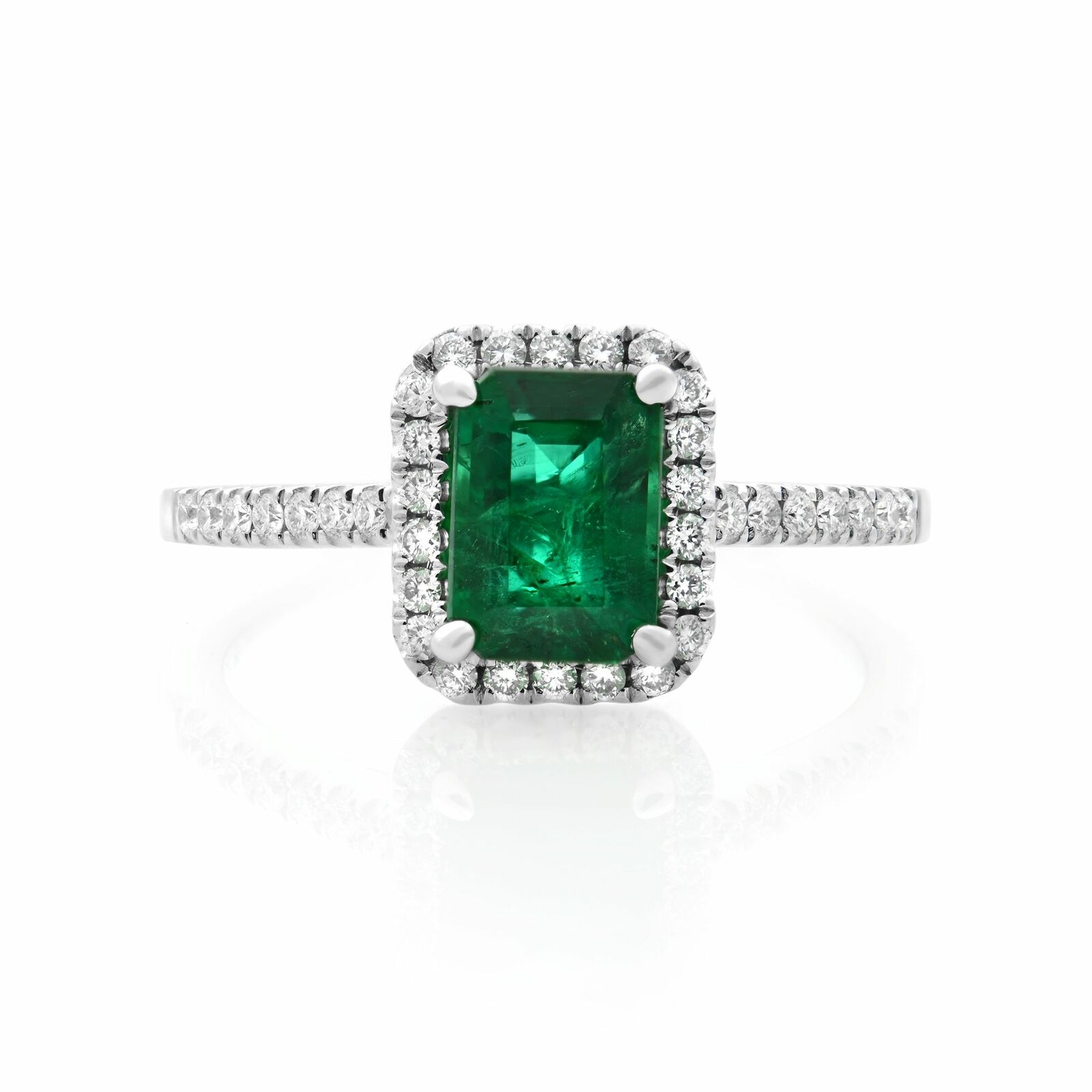 True 18K White Gold Green Emerald Diamond Halo Engagement Ring 1.02cts