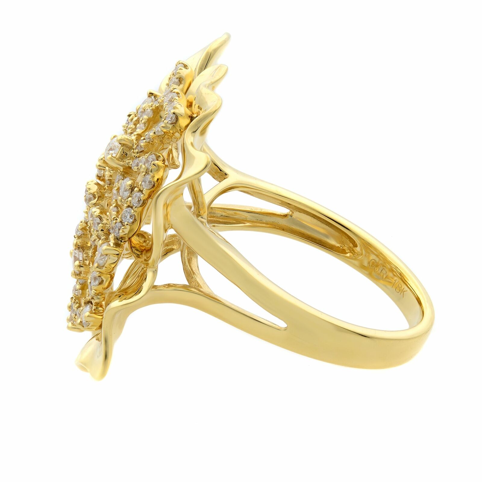True 18K Yellow Gold Large Floral Diamond Cocktail Ring 0.75cttw