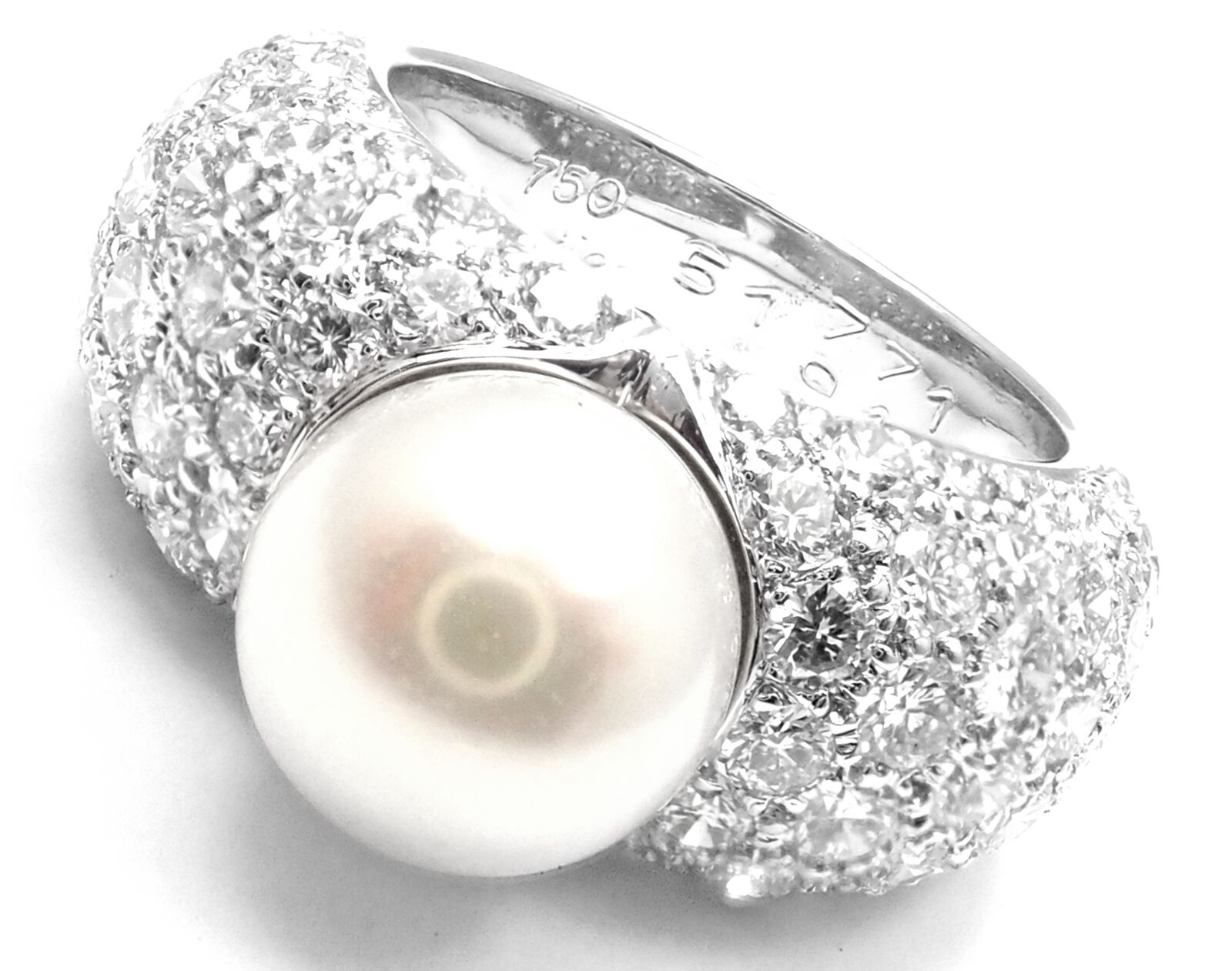 Authentic! Cartier Juliette 18k White Gold Cultured Pearl Diamond Band Ring
