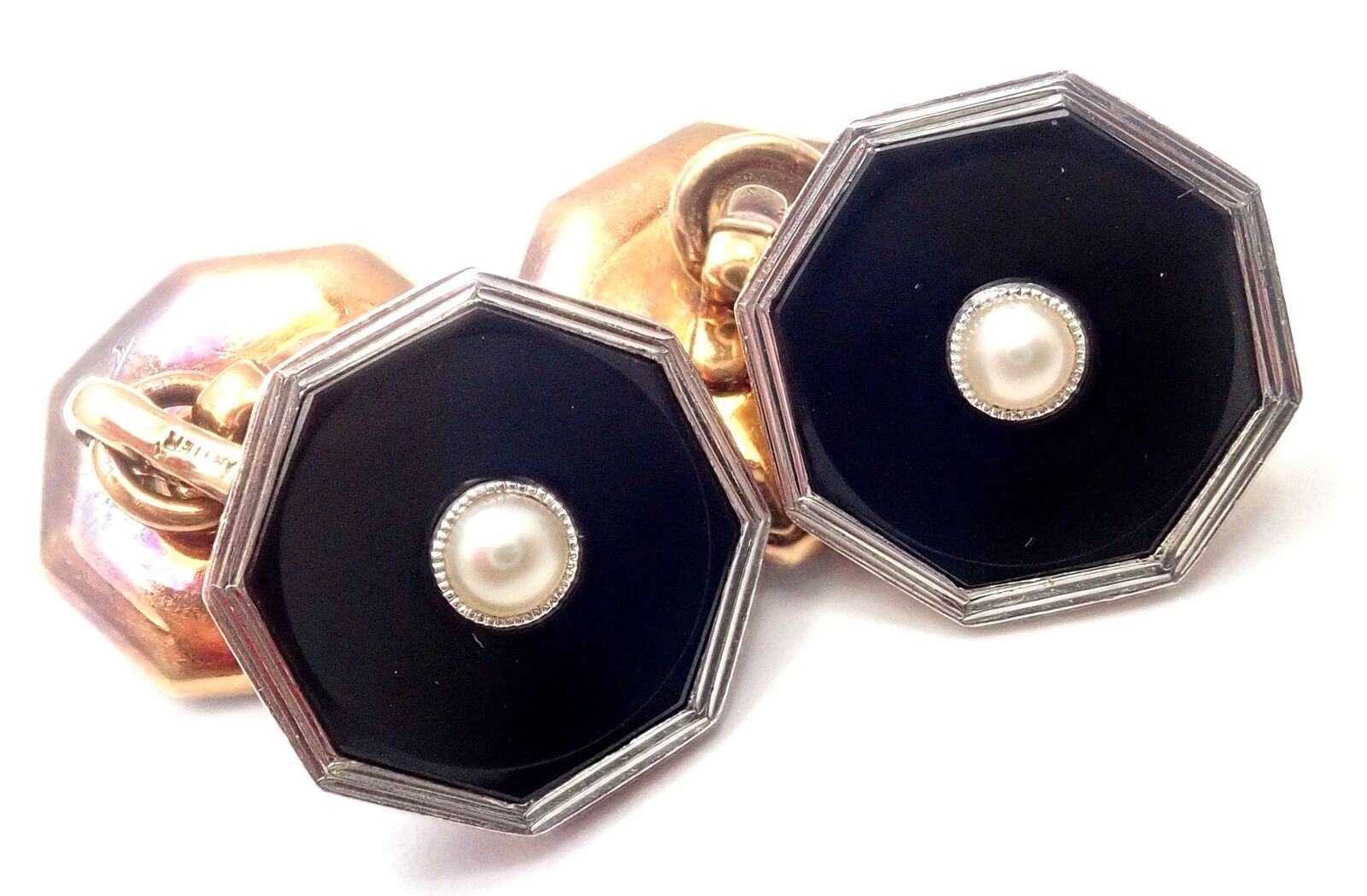 Rare! Vintage Authentic Cartier Platinum 14k Yellow Gold Onyx Pearl Cufflinks