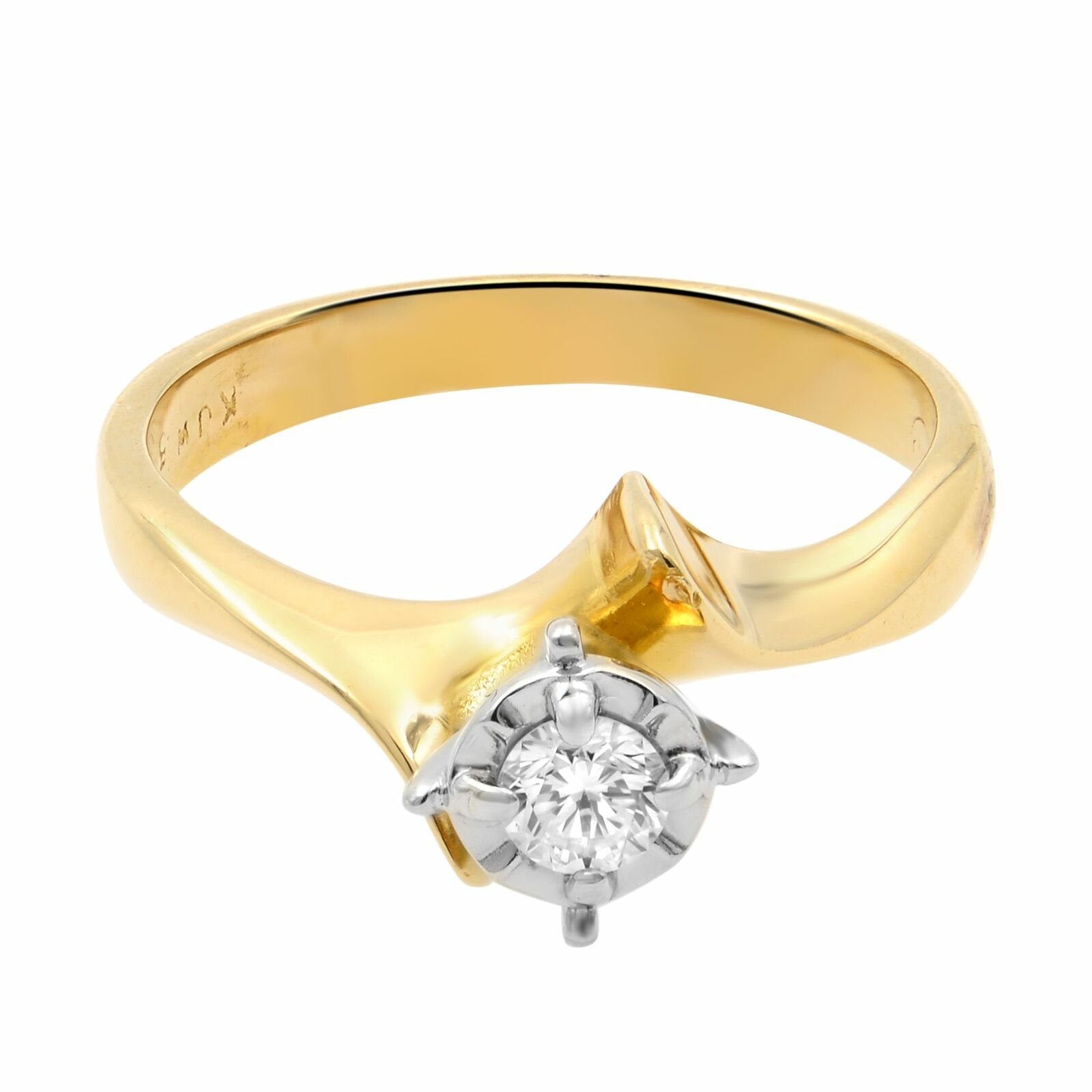 True 14K Yellow Gold One Round Cut Small Diamond Engagement Ring 0.15cttw