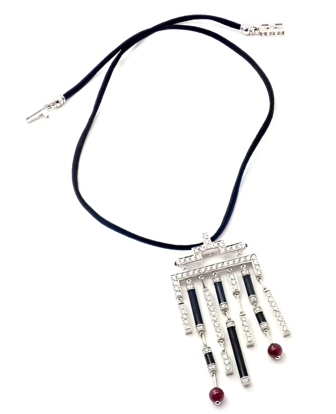 Authentic! Cartier Le Baiser Du Dragon 18k White Gold Onyx Ruby Diamond Necklace