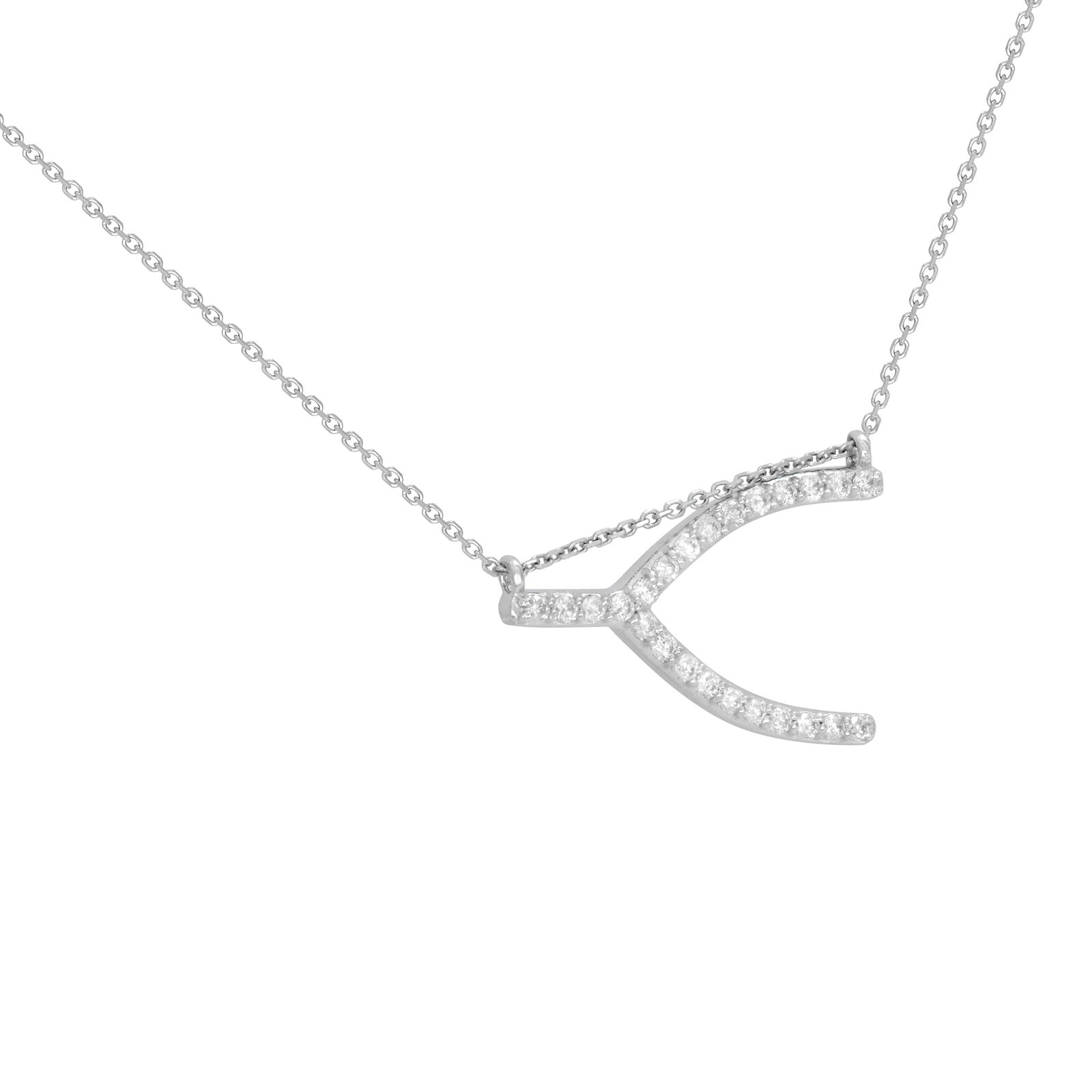 True 14K White Gold Sideways Wishbone Necklace 0.24cttw