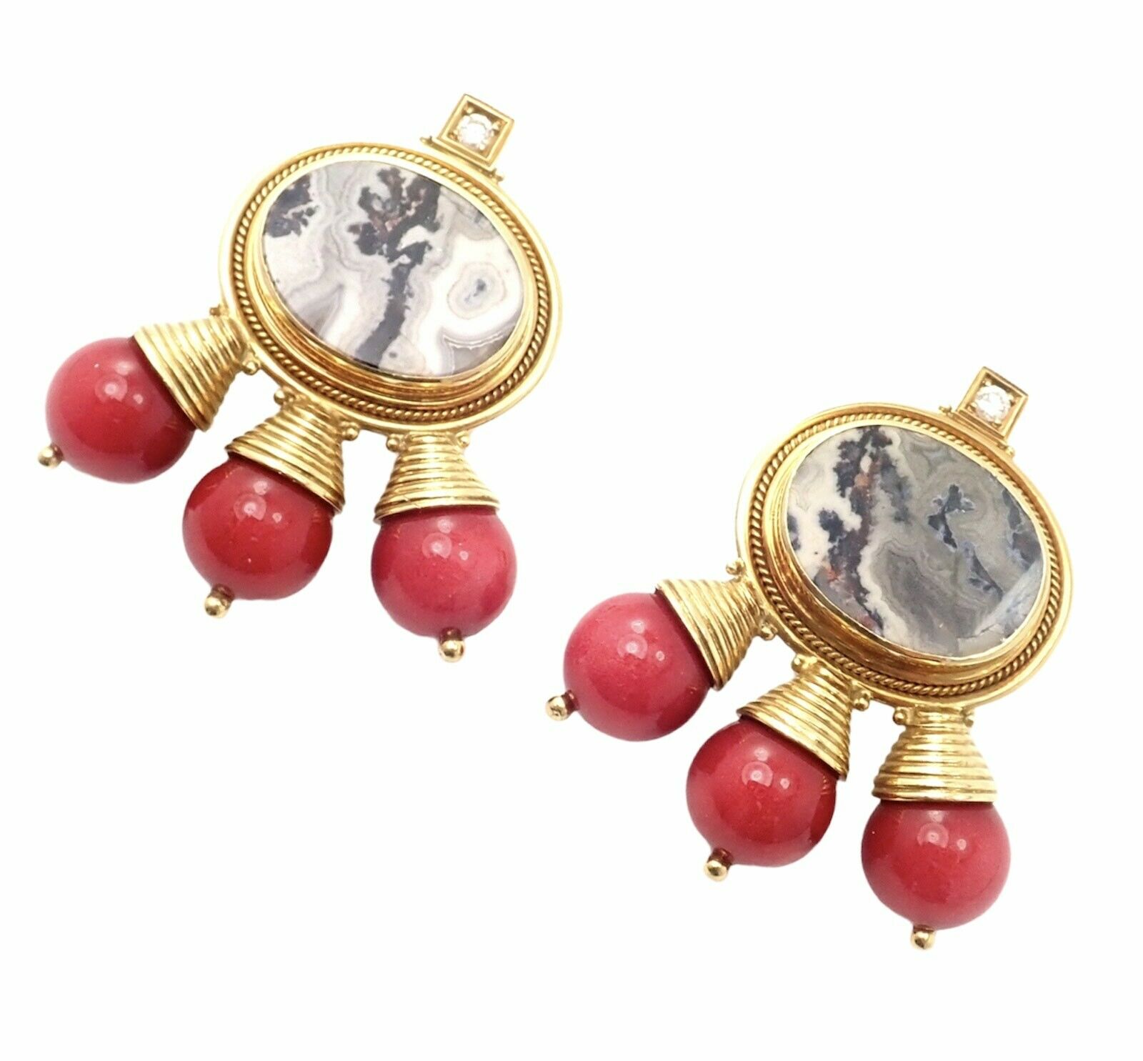 Elizabeth Gage 18k Yellow Gold Red Coral White Agate Diamond Earrings