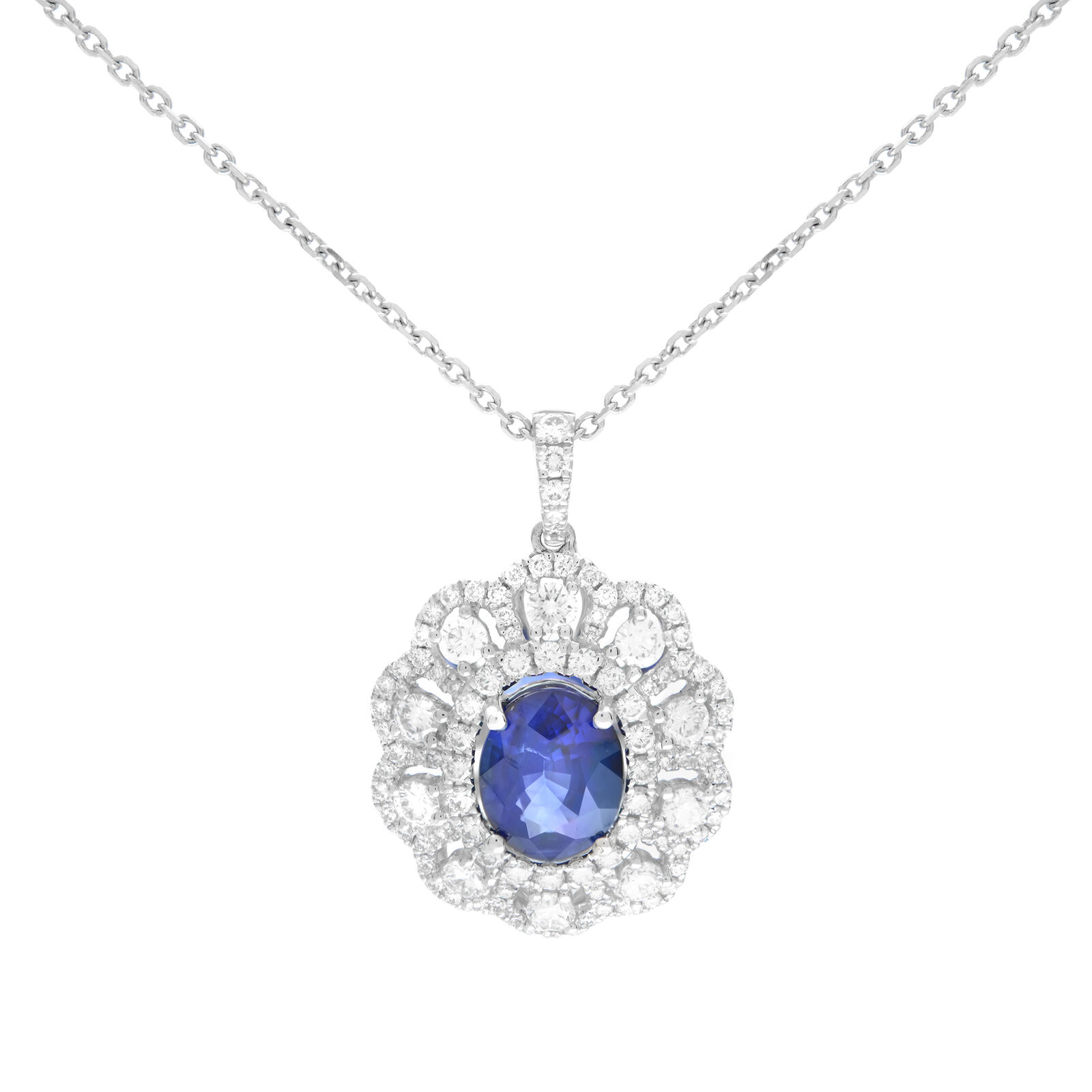 True 18K White Gold Oval Blue 3.37ct Sapphire  Diamond Necklace 