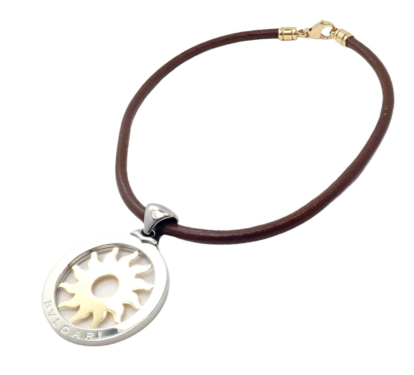 Bulgari Tondo Sun 18k Yellow Gold Steel Pendant Leather Cord Necklace
