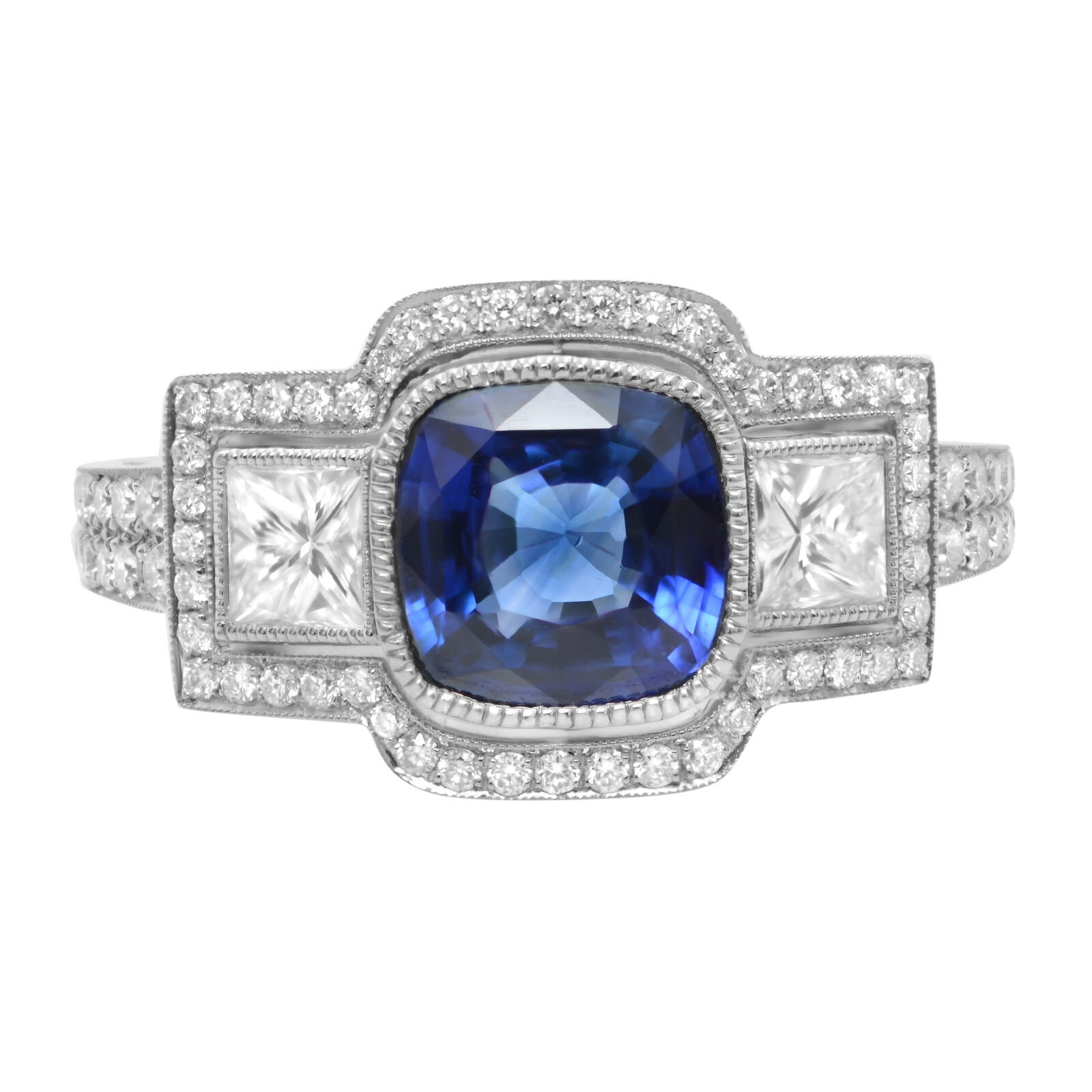 True Platinum Blue Cushion Cut Sapphire Diamond Engagement Ring Size 6.5