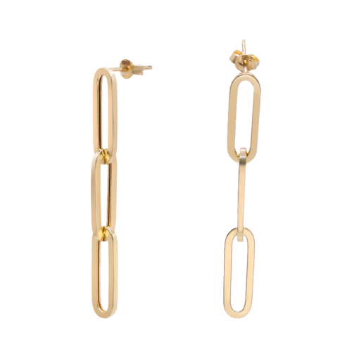 True Three Paper Clip Link Drop Ladies Earrings 14K Yellow Gold