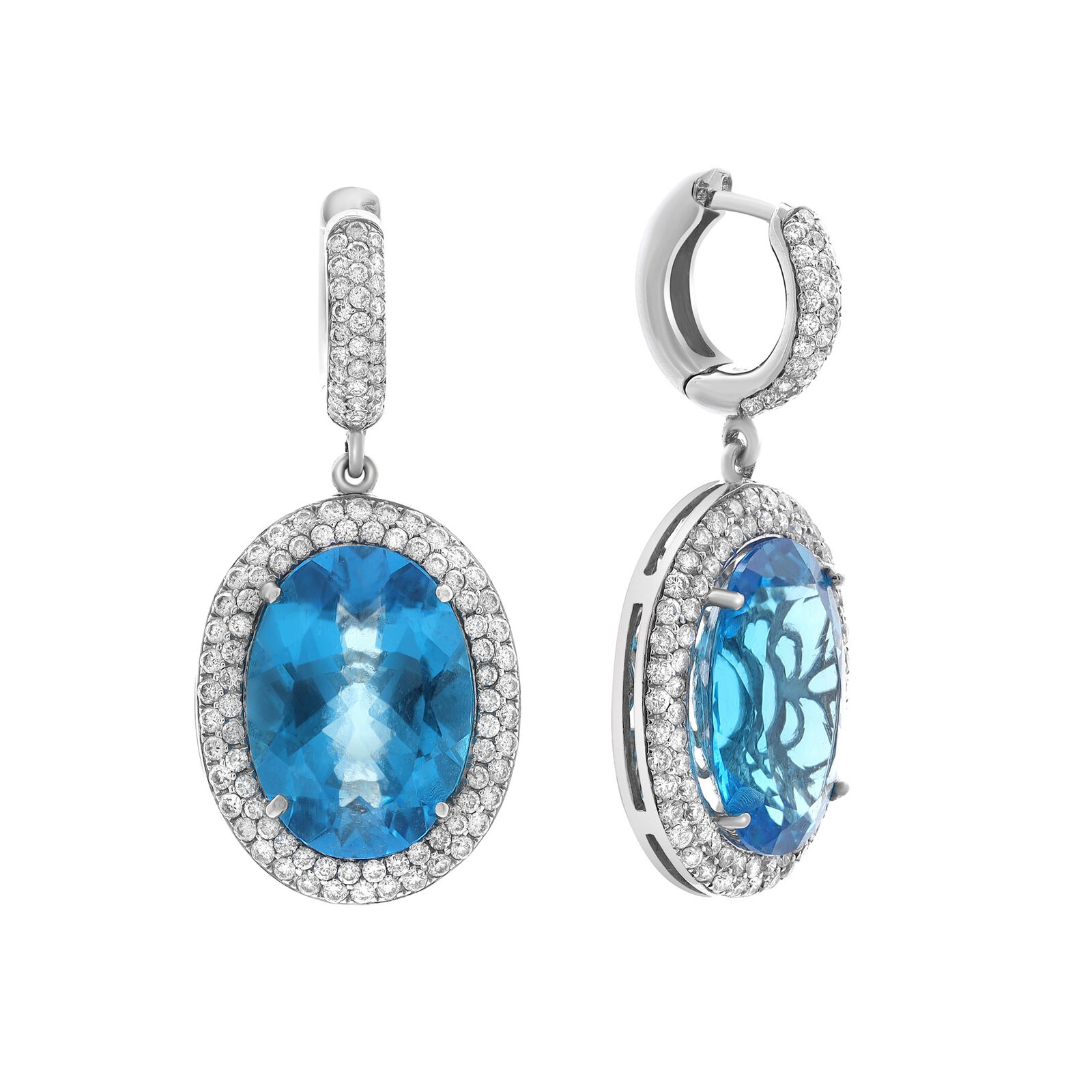 True 25.50cttw Oval Topaz   Diamond Halo Ladies Drop Earrings 14K White Gold