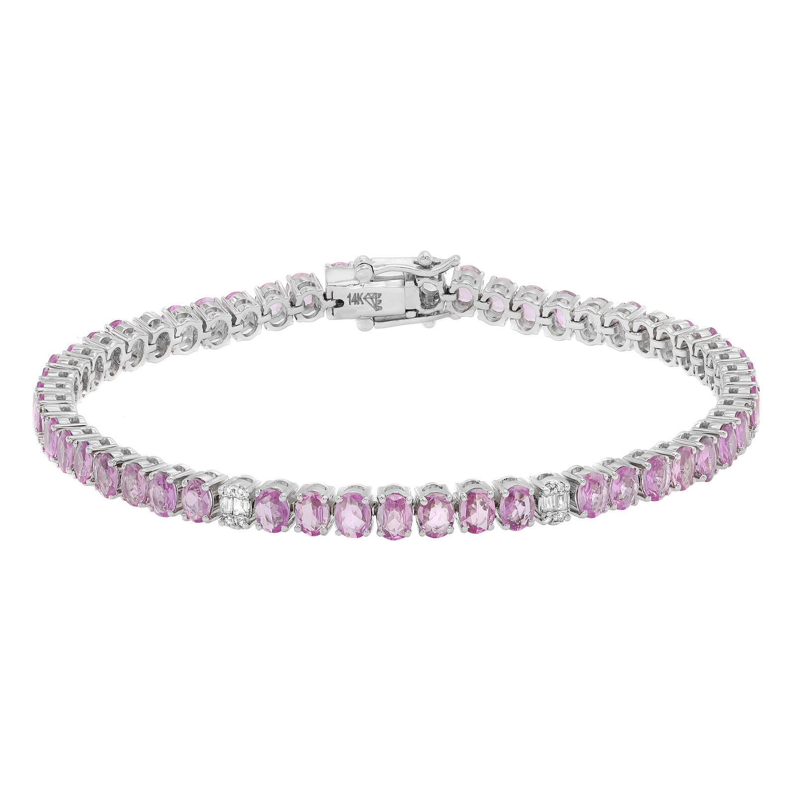 True Oval Cut Pink Sapphire  Diamond Tennis Bracelet 14K White Gold 7 Inch