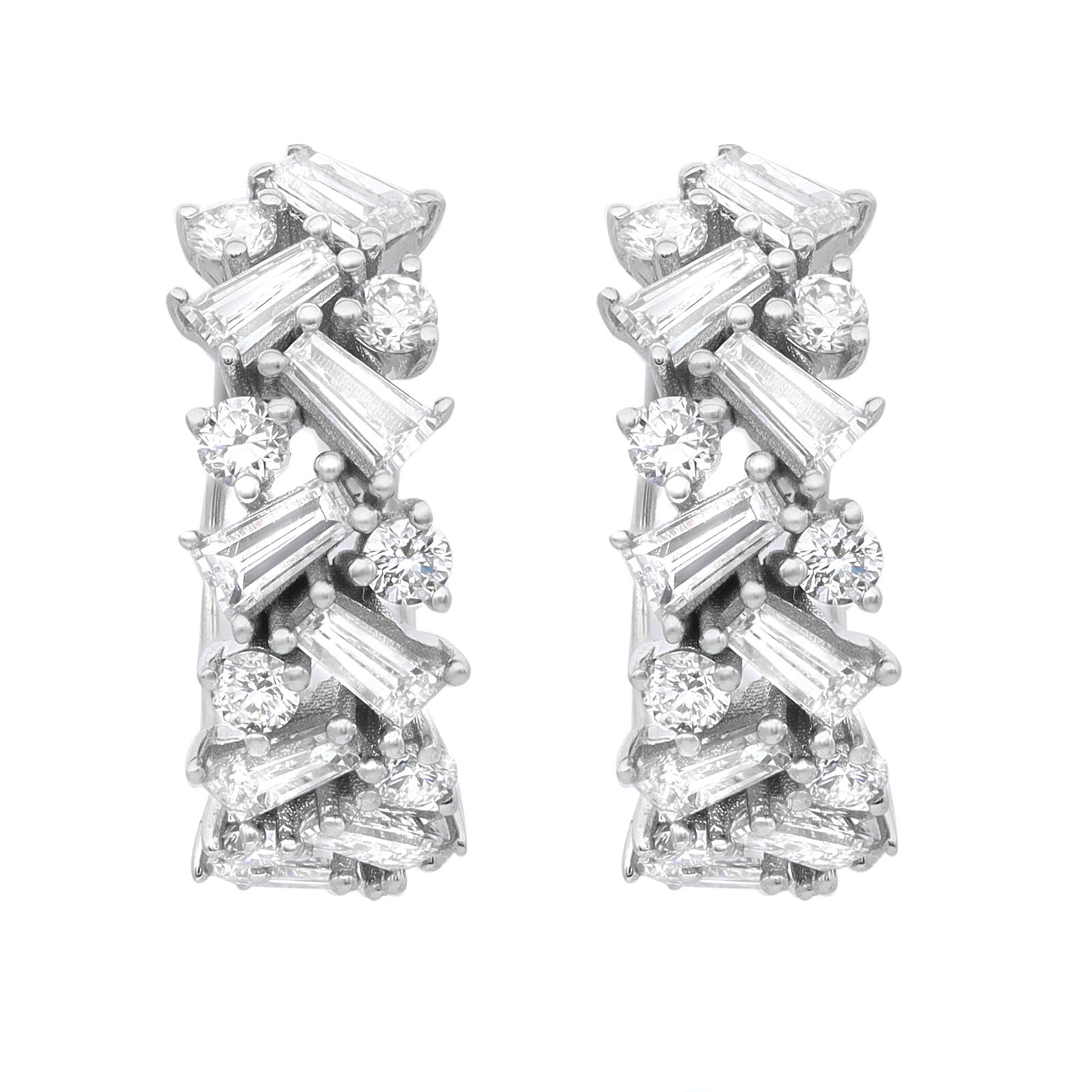 True Baguette  Round Cut Diamonds Huggie Earrings 18K White Gold