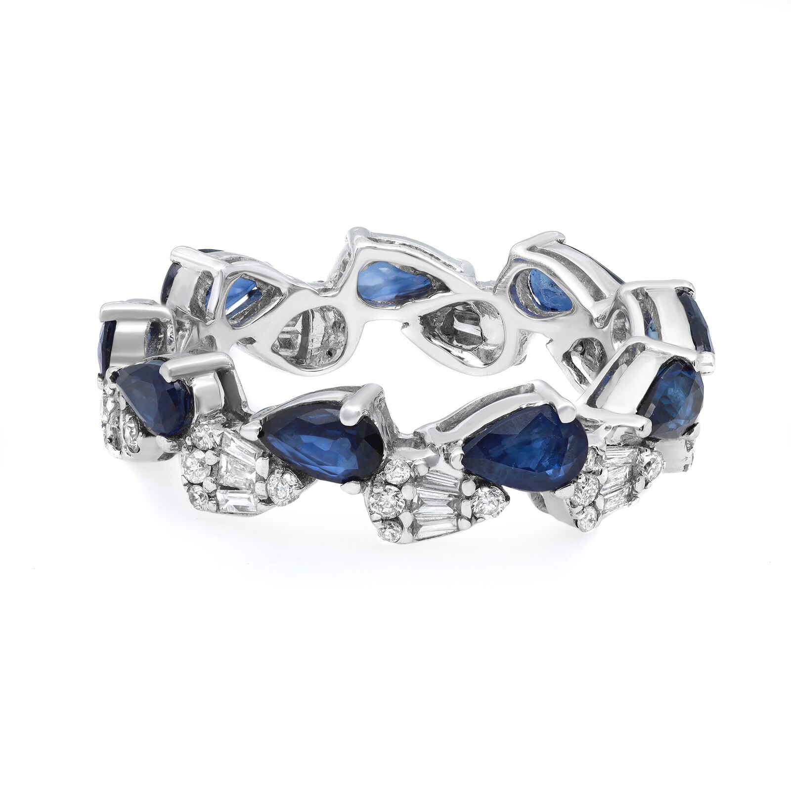 True Pear Shaped Blue Sapphire  Diamonds Eternity Band Ring 14K White Gold Size 6