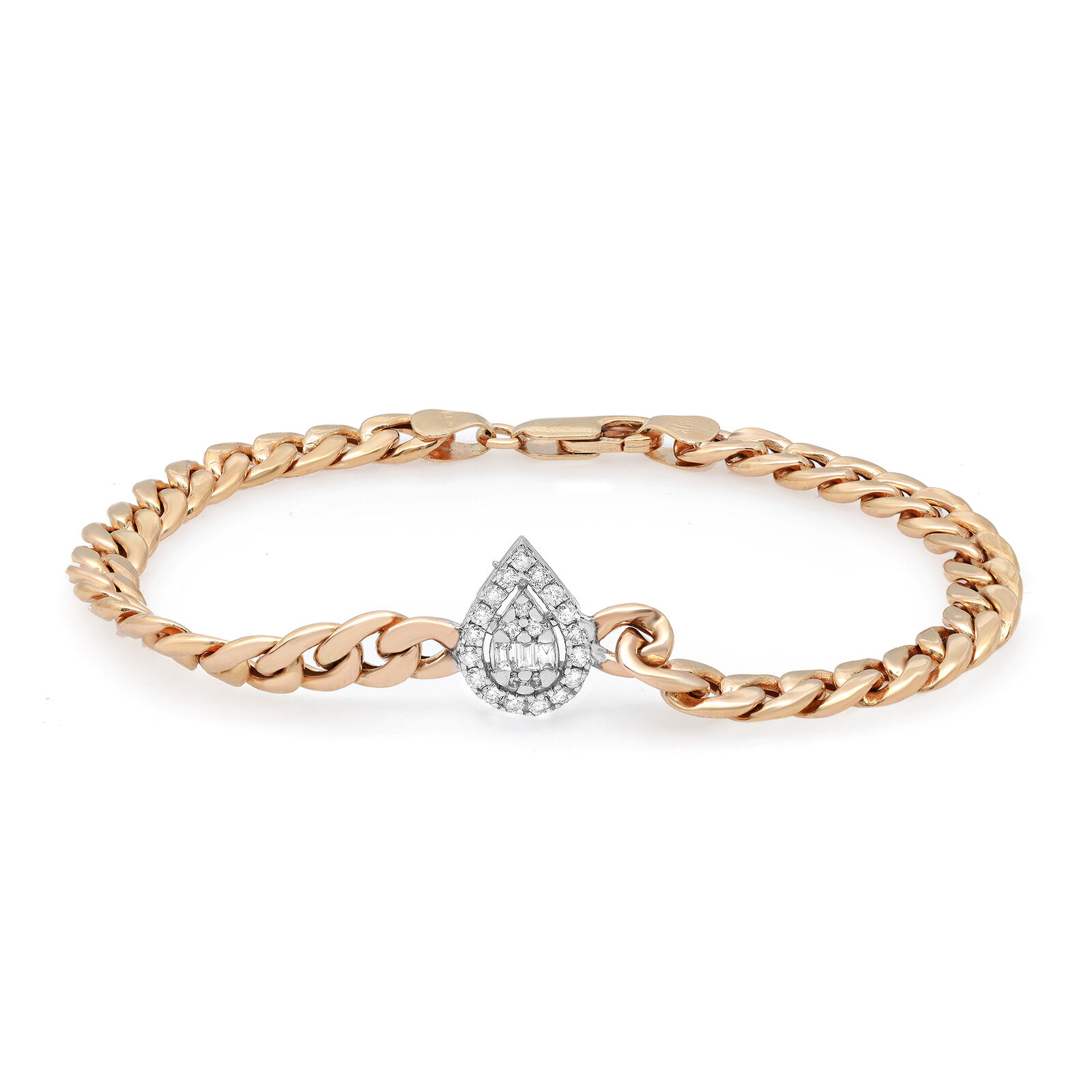 True Baguette  Round Cut Diamond Cuban Link Chain Bracelet 14K Yellow Gold