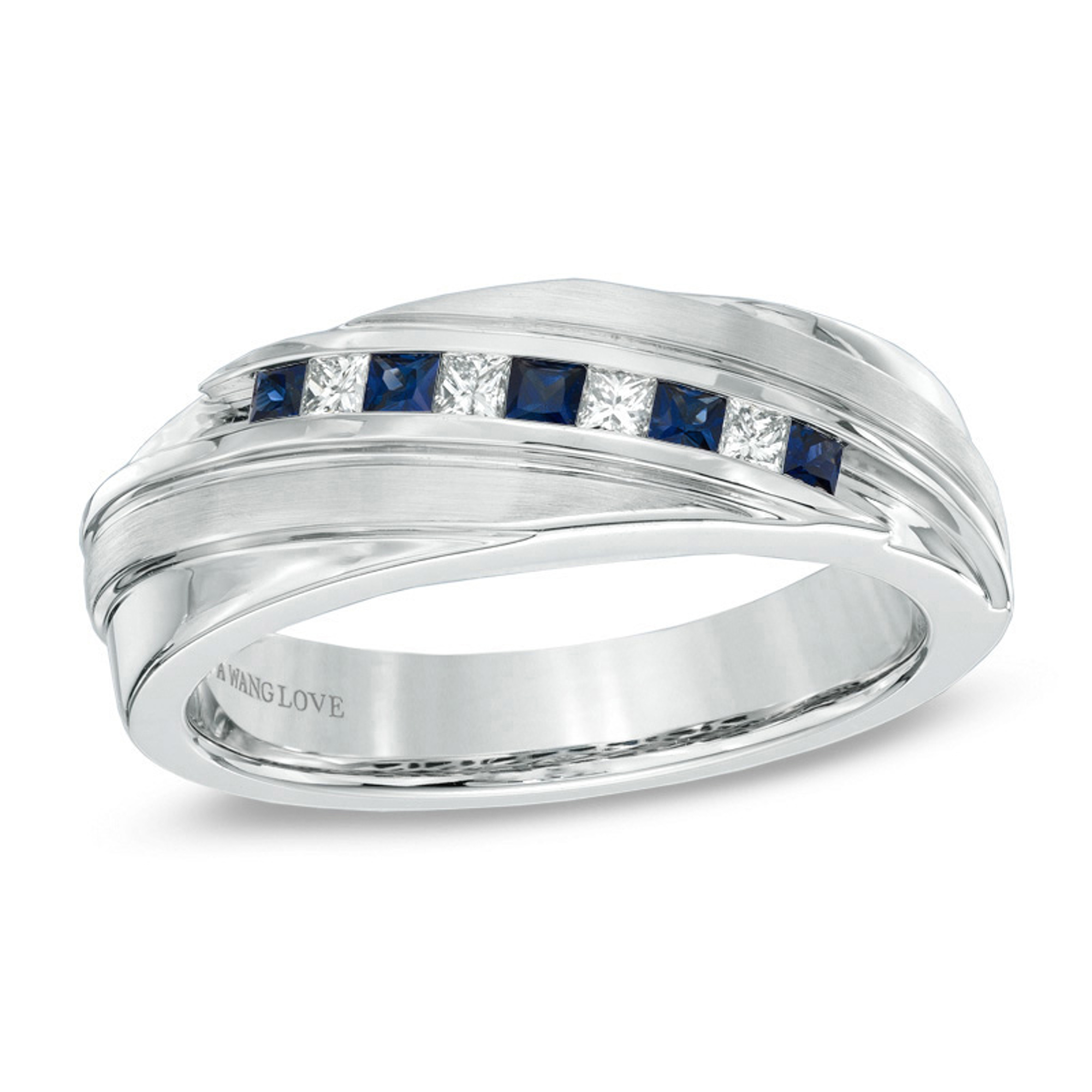 True Vera Wang Love Princess Cut Blue Sapphire Diamond Mens Band Ring 14K White Gold
