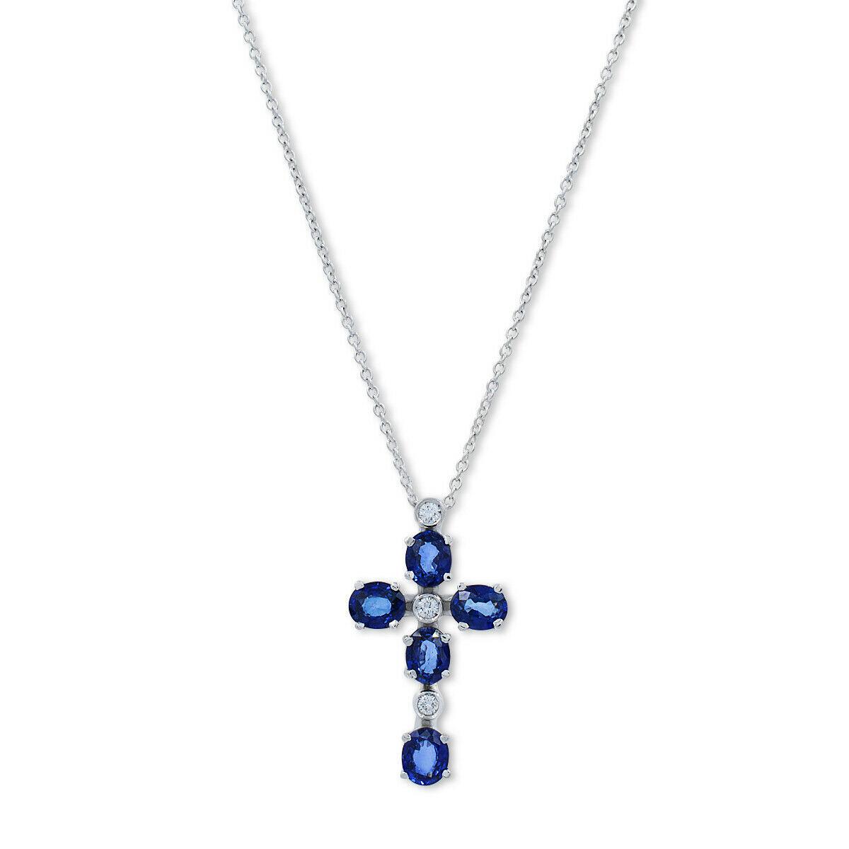 True White Gold Round Cut Diamond Blue Sapphire Cross Pendant Necklace