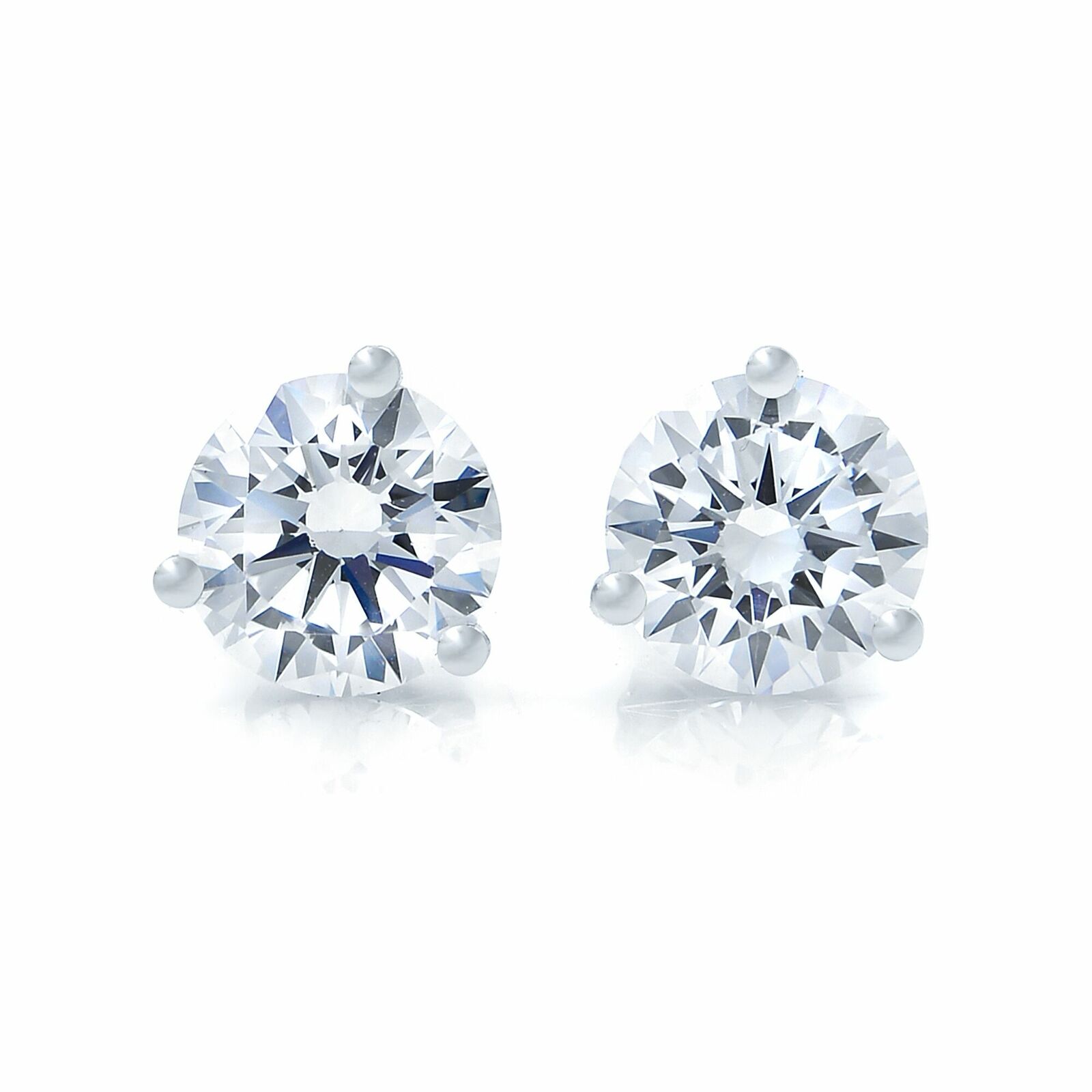 True 14K White Gold Round CZ Cubic Zirconia Three Prong  Stud Earrings 6mm