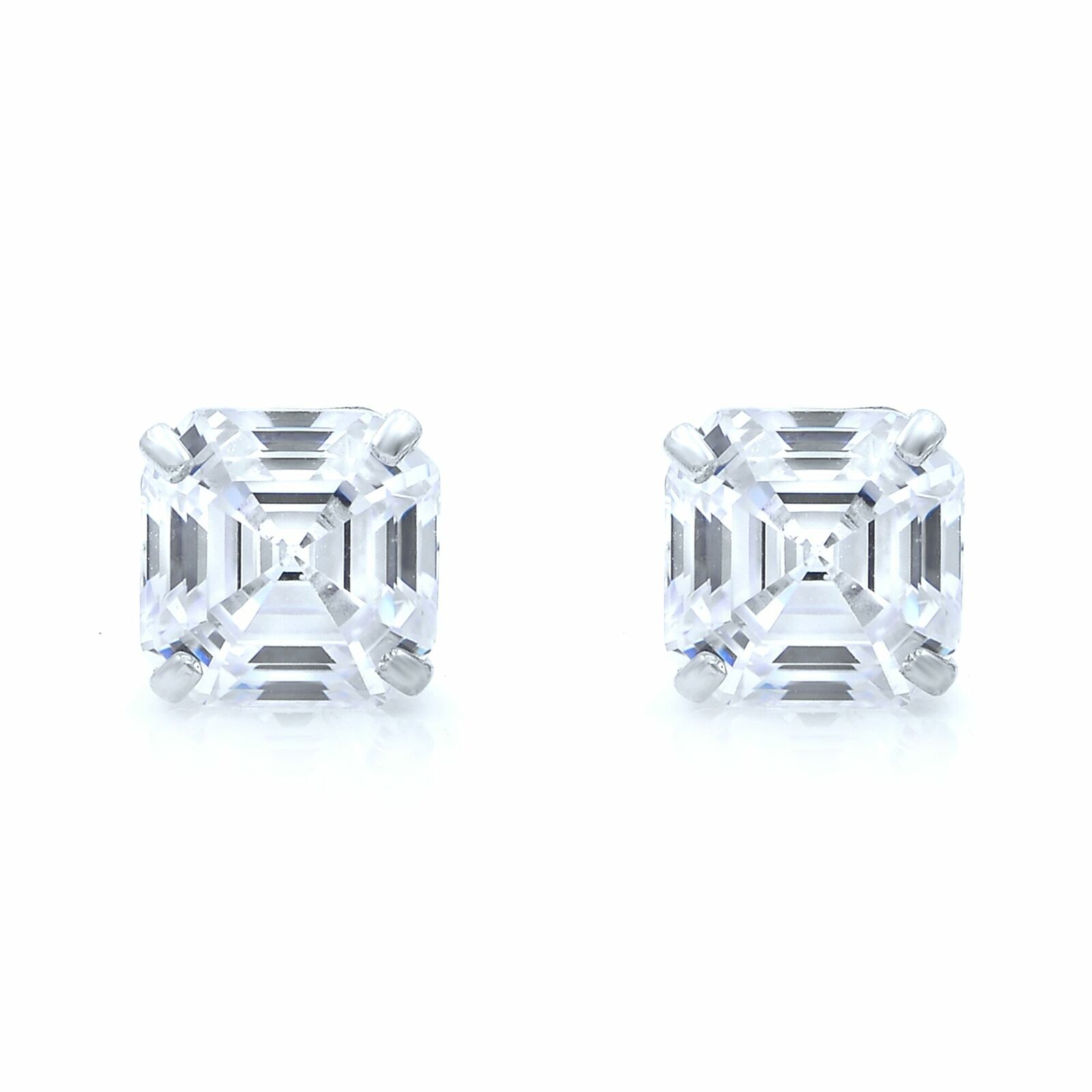 True 14K White Gold Asscher Cut Cubic Zirconia Stud Earrings 7mm