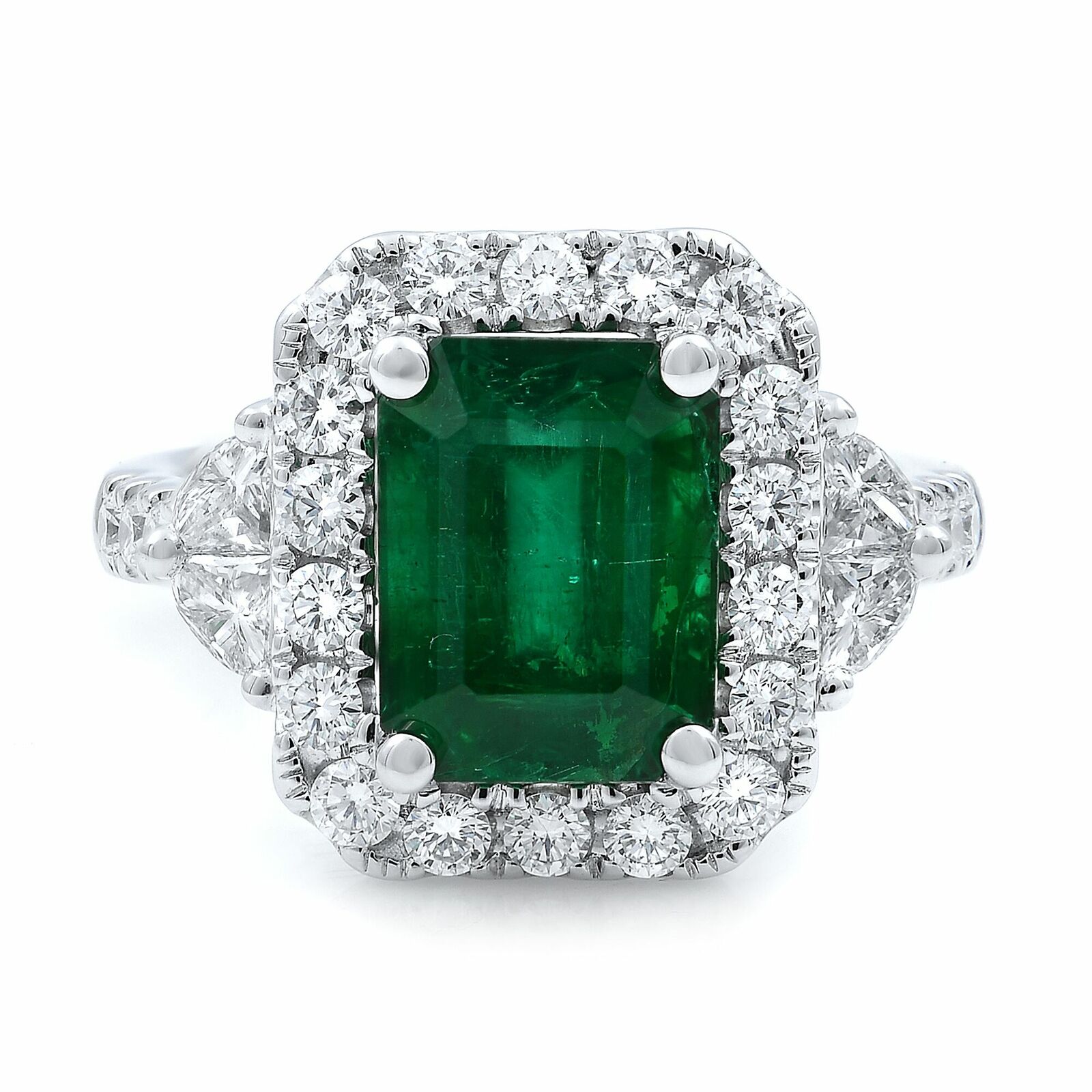 True 18K White Gold Green Emerald Diamonds Engagement Ring Size 6.75