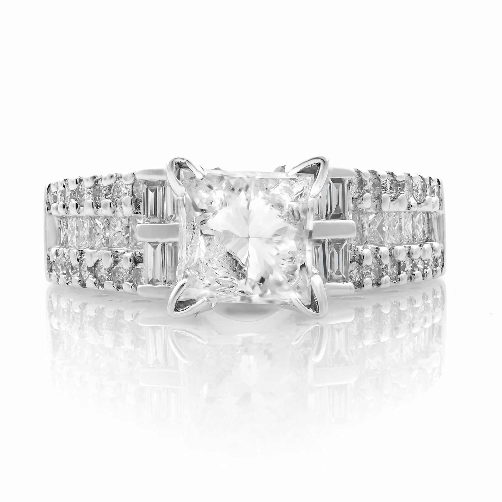 True 18K White Gold  Princess W/Baguettes  Round Cut Diamonds Ring