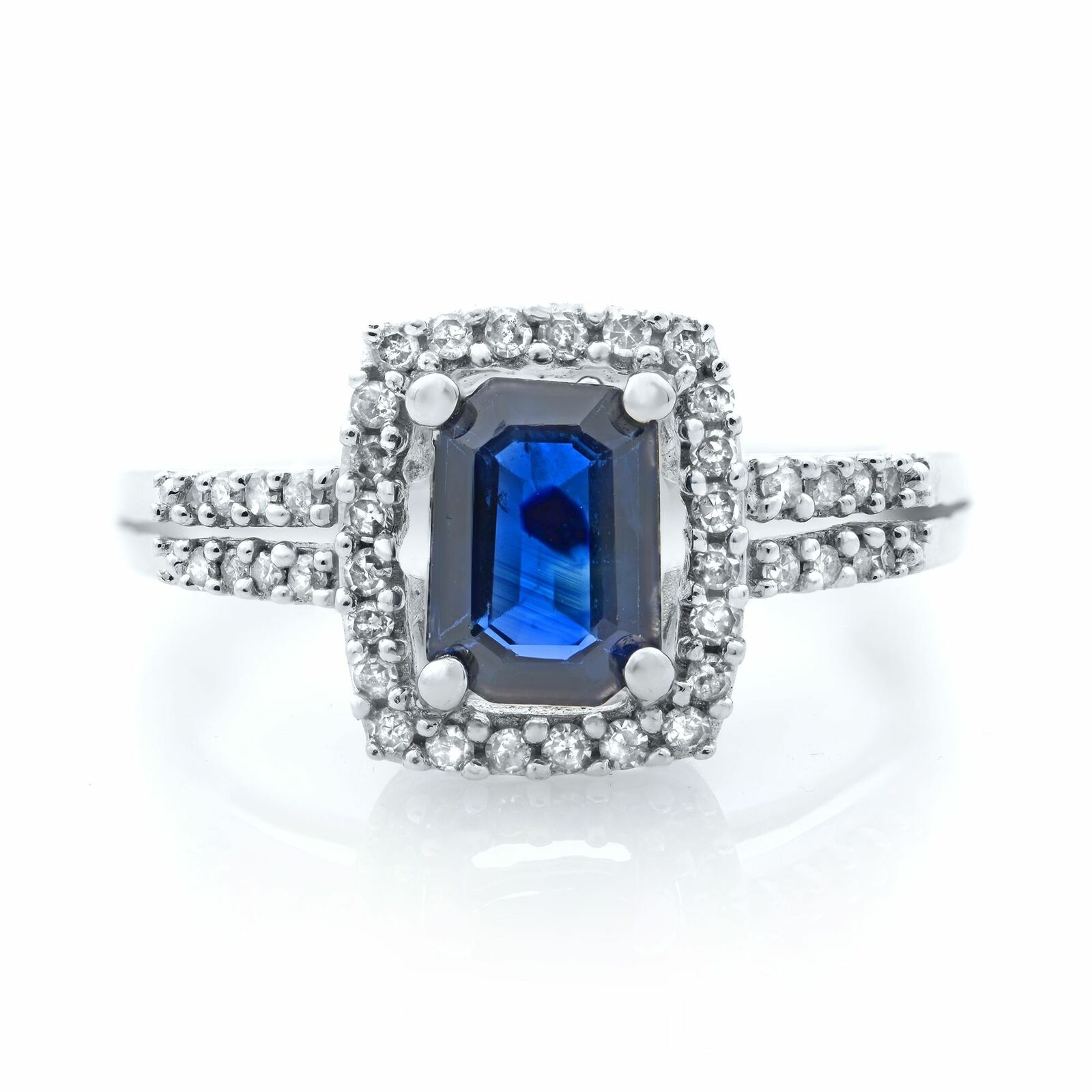 True 14K White Gold Blue Emerald Sapphire W/ Diamonds Engagement Ring 7