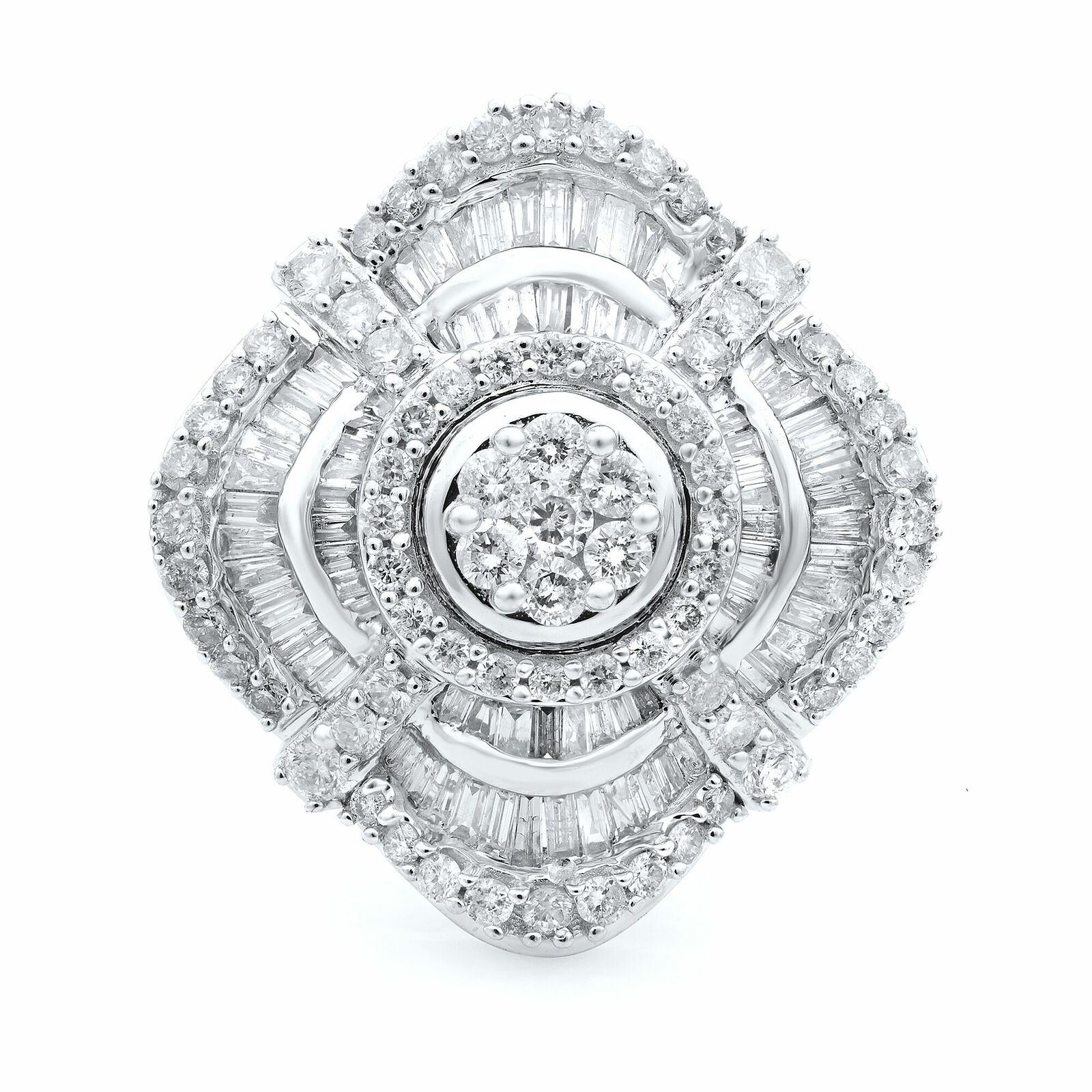 True 10K White Gold Round and Baguette Diamond Cocktail Ring 1.85ct SZ 8