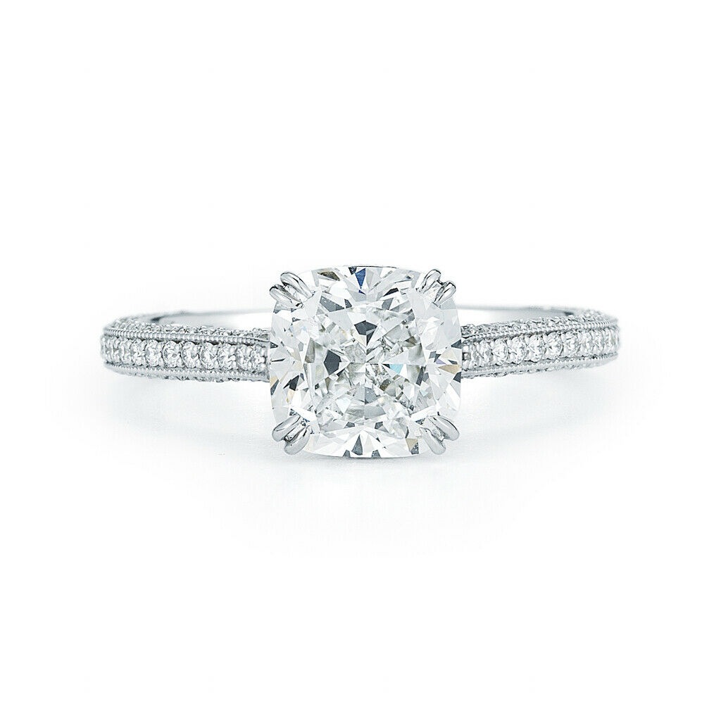 True Cushion Cut Solitaire Triple Pave Diamond Engagement Platinum Ring  2.80cts