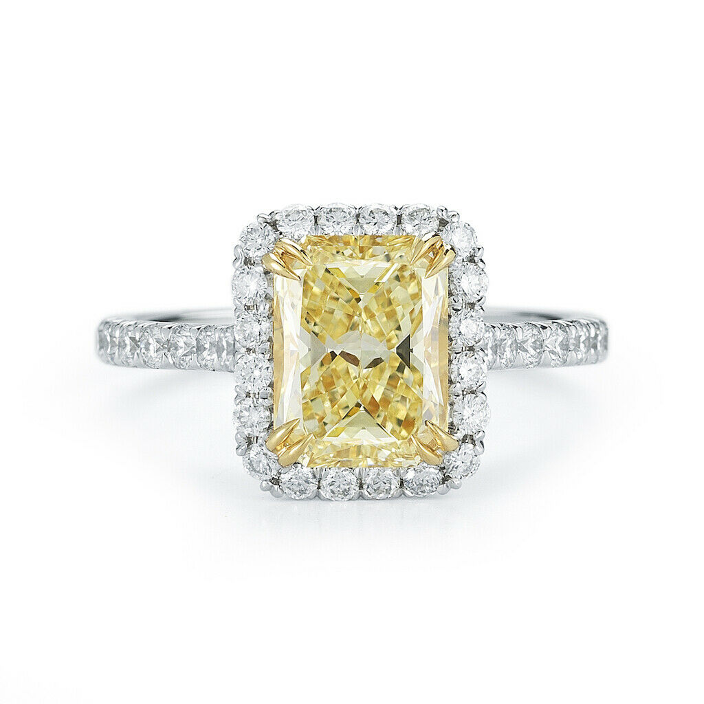 True Fancy Yellow Radiant Cut Halo Diamond Engagement Ladies Ring Platinum 2.14cts