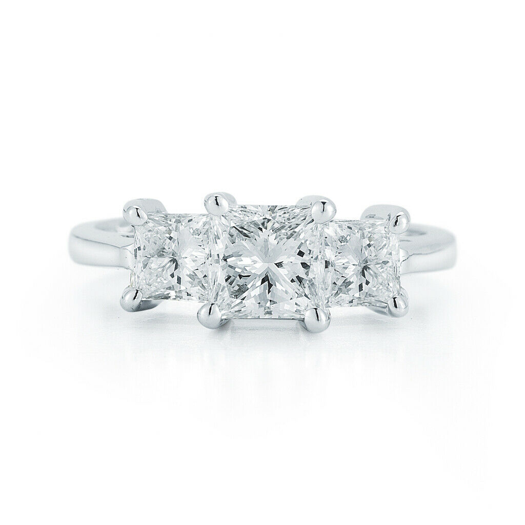 True Three Stone Princess Cut Diamond Engagement Platinum Ring 1.37 