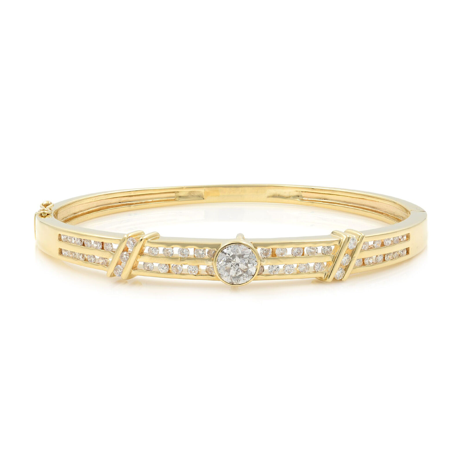True 14k Yellow Gold Channel Set Diamonds Bangle With Bazel Set Center Stone 1.95cts