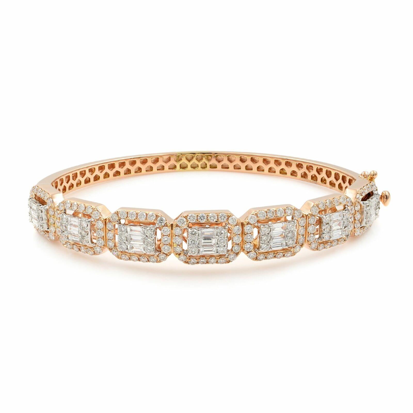 True 14K Rose Gold Emerald  Round Cut Diamonds Bangle 3.50cts