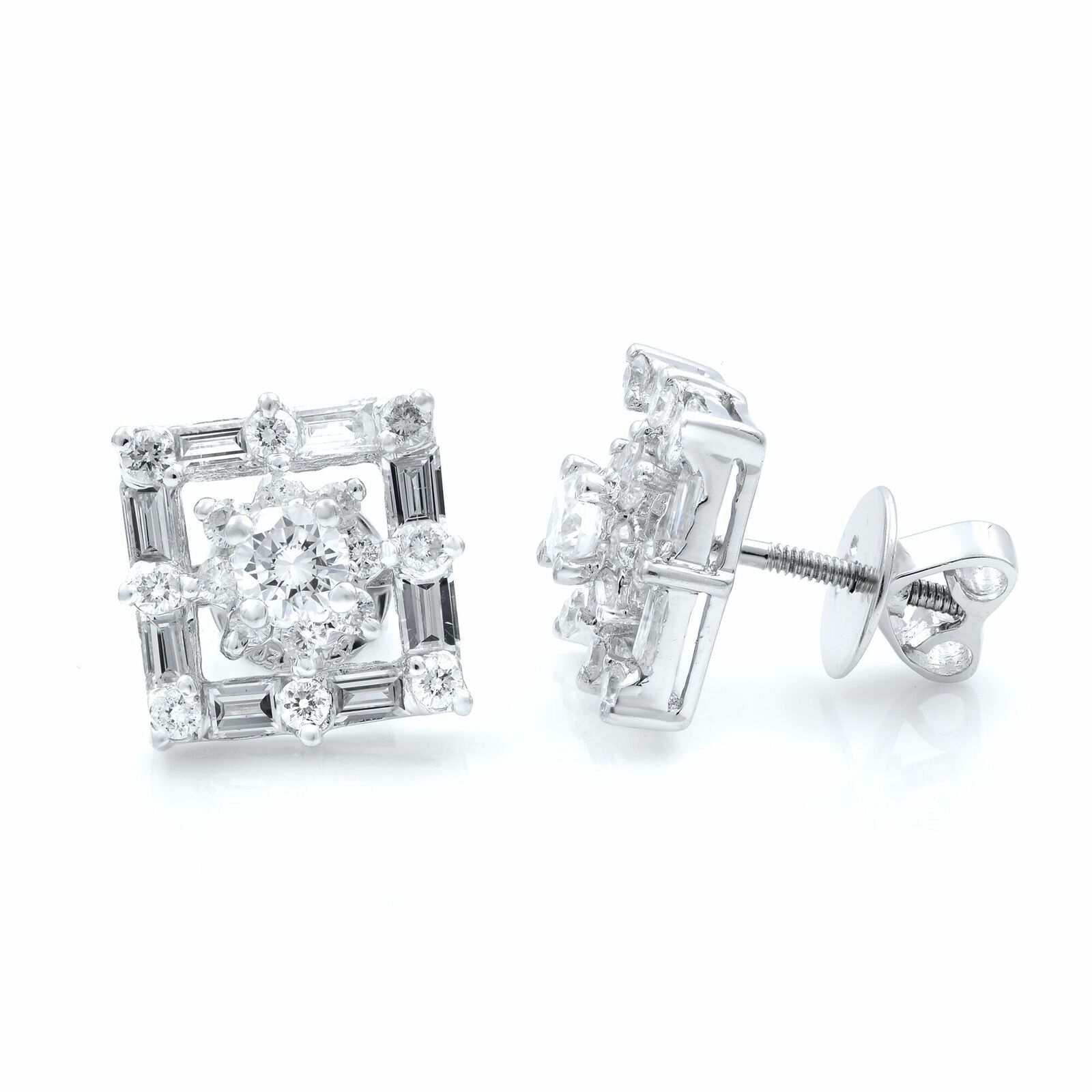 True 18K White Gold Square Shaped Diamond Stud Earrings 0.77cts
