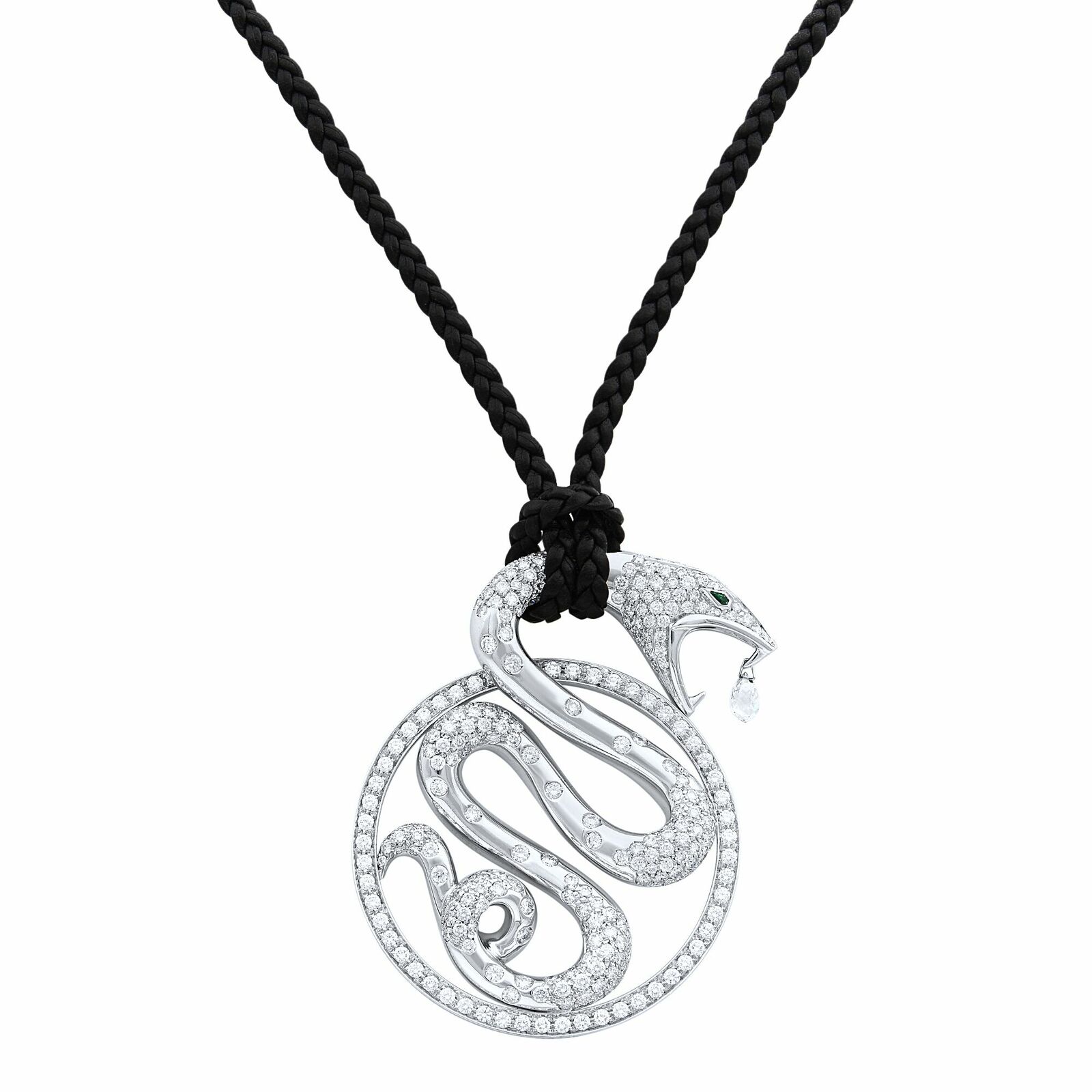 True 18K White Gold Diamond Emerald Trouble Snake Pendant 6.10cts