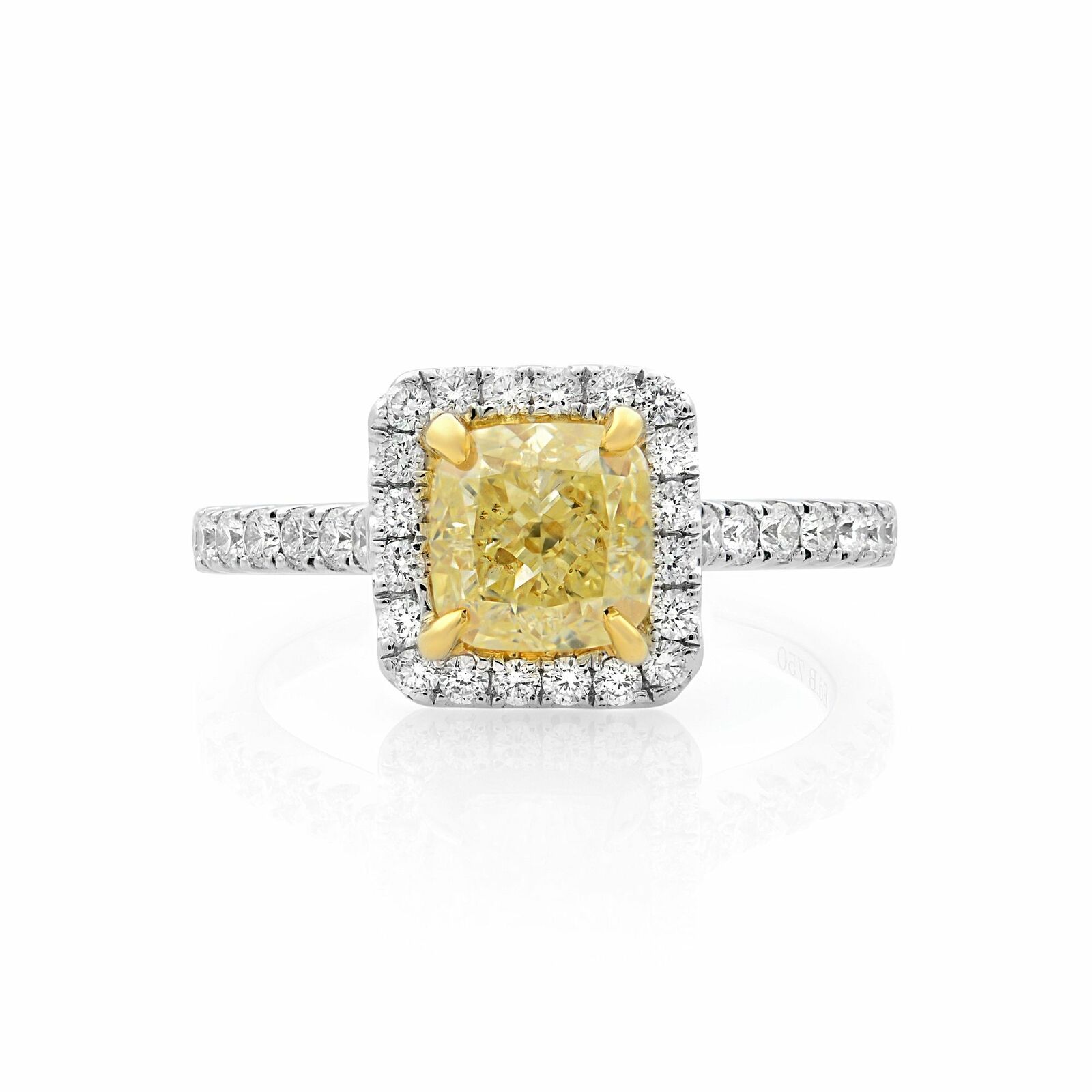 True 18K White Gold Fancy Yellow Diamond Ring with Halo 1.36cts Size 6.5