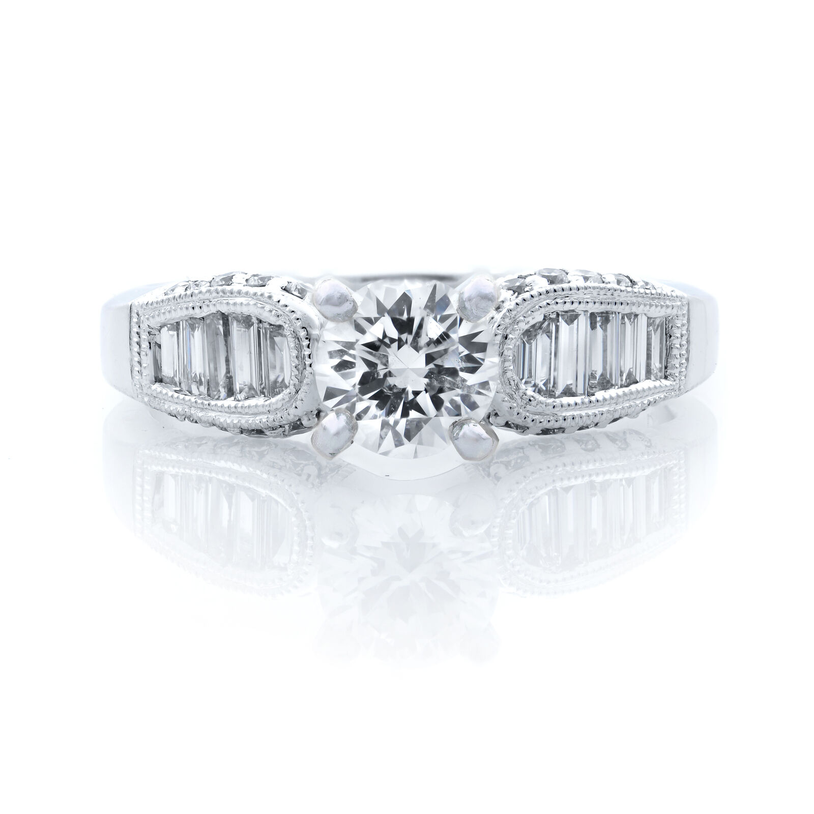 True 18K White Gold Round  Baguettes Engagement Ring 1.03 cts