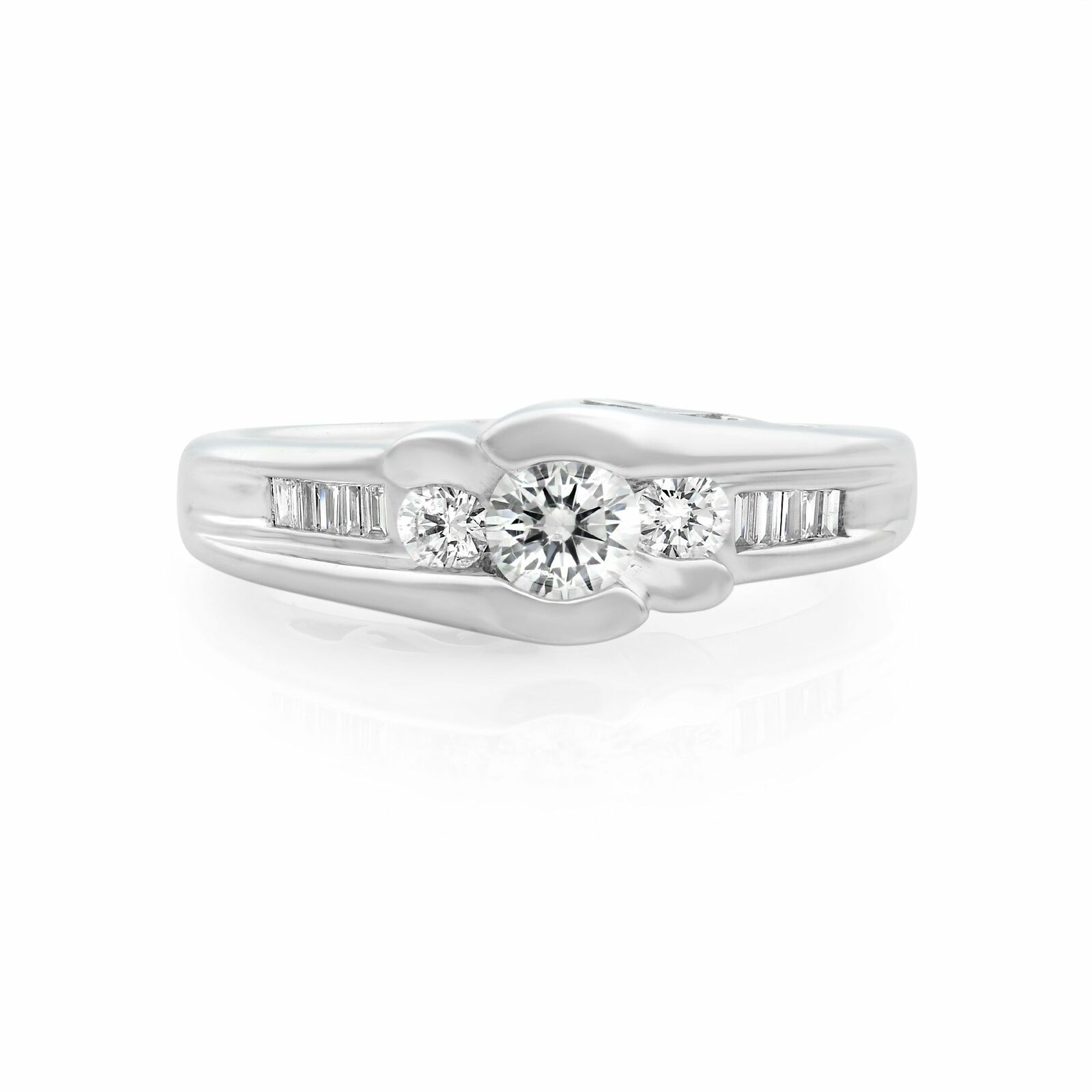 True 14K White Round and Baguette Diamond Engagement Ring 0.75cts
