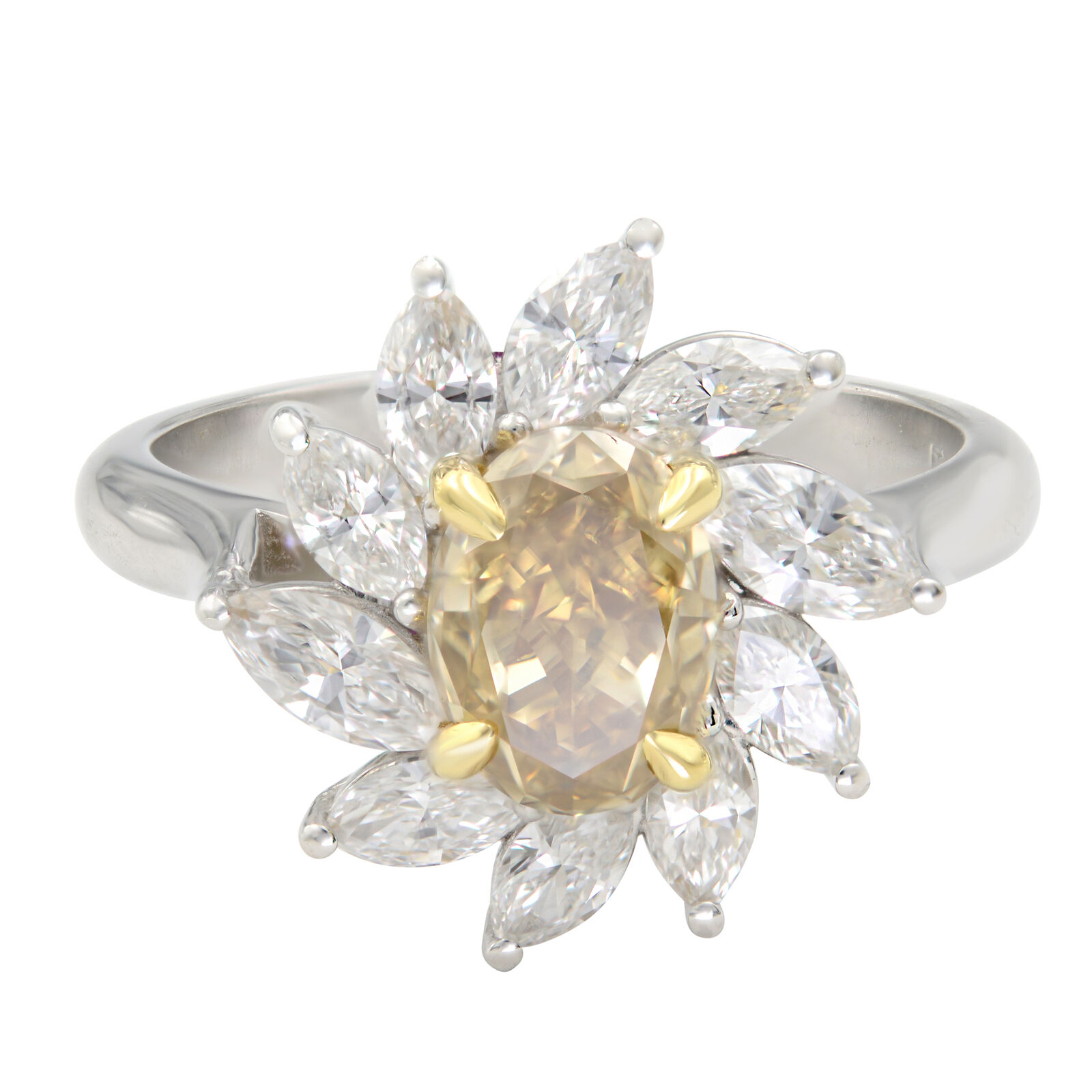 True Platinum Brownish Yellow Oval  White Marquise Halo Diamond Cocktail Ring 1.39ct